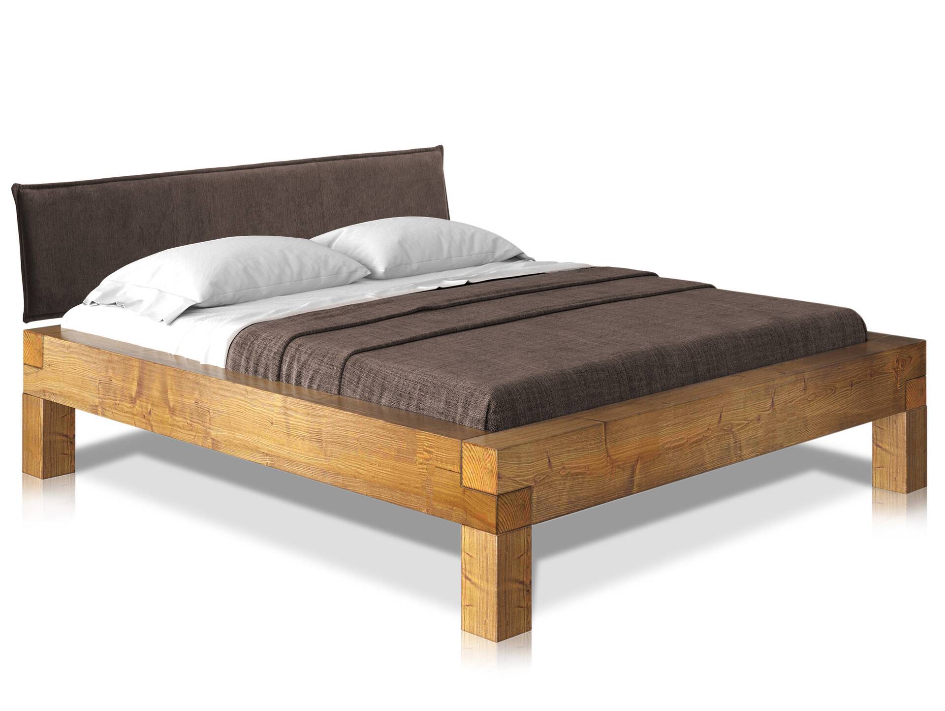 CURBY 4-Fuß-Balkenbett mit Polsterkopfteil, Material Massivholz, Thermo-Fichte 200 x 220 cm | natur | Stoff Anthrazit | Standardhöhe