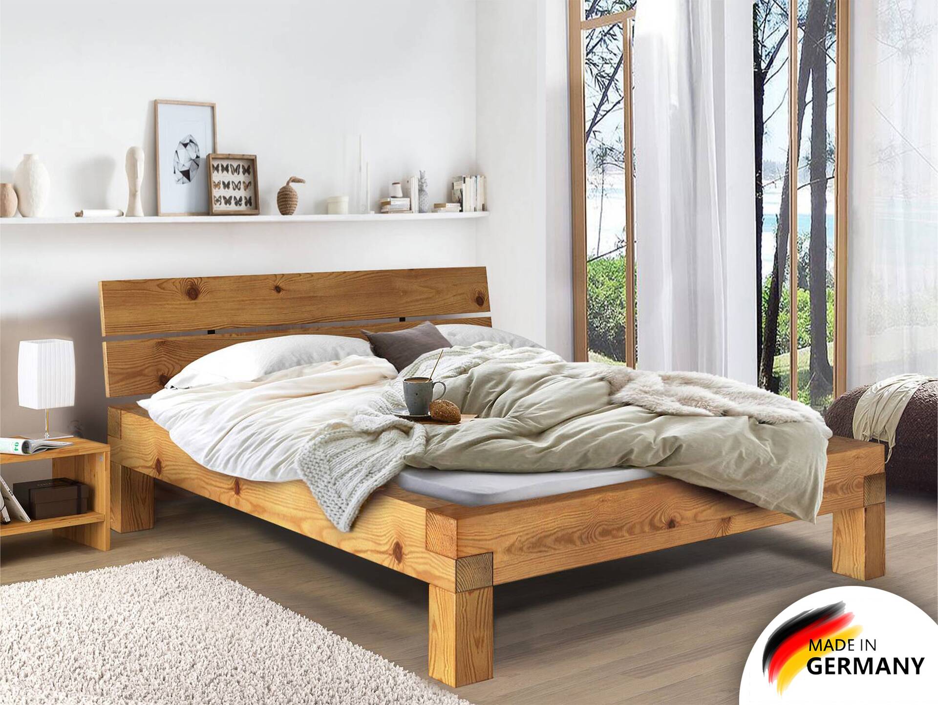 CURBY 4-Fuß-Balkenbett mit Kopfteil, Material Massivholz, Thermo-Fichte 160 x 220 cm | vintage | Komforthöhe