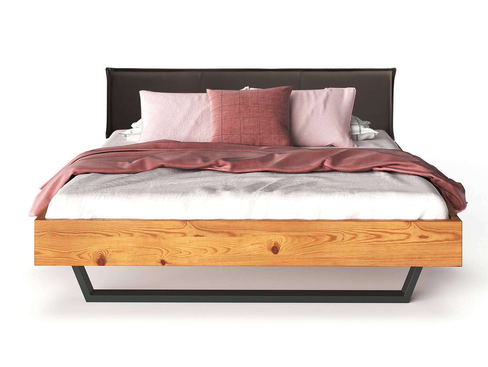 CURBY Kufenbett mit Polsterkopfteil, Material Massivholz, rustikale Altholzoptik, Fichte, Kufen schwarz 140 x 200 cm | natur | Kunstleder Braun ohne Steppung