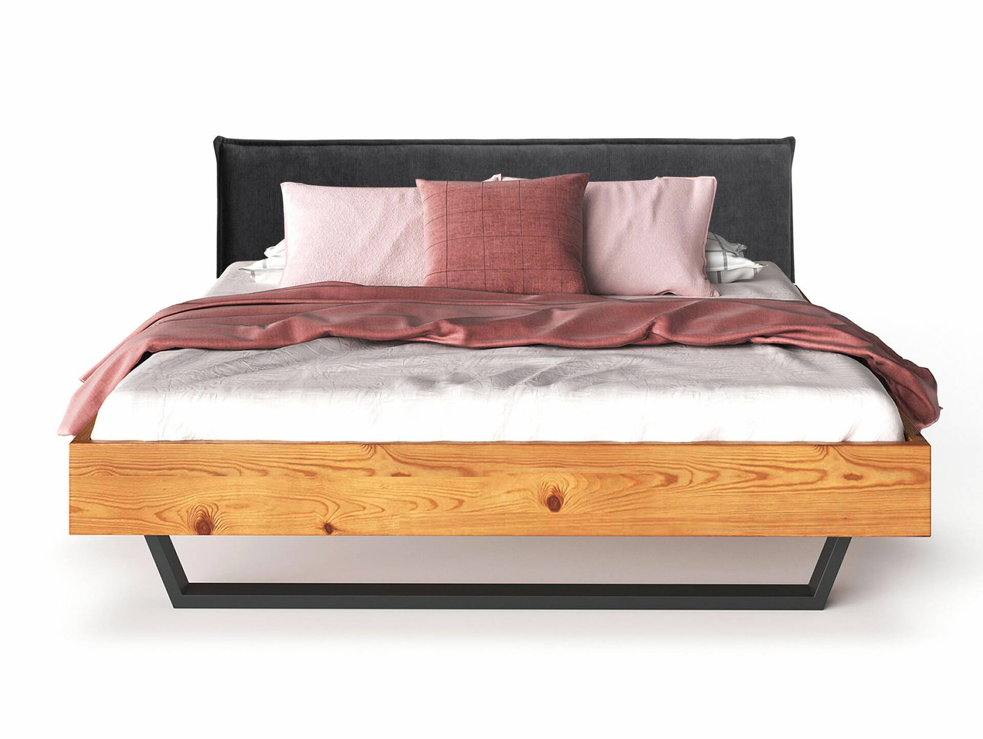 CURBY Kufenbett mit Polsterkopfteil, Material Massivholz, rustikale Altholzoptik, Fichte, Kufen schwarz 120 x 200 cm | natur | Stoff Anthrazit ohne Steppung