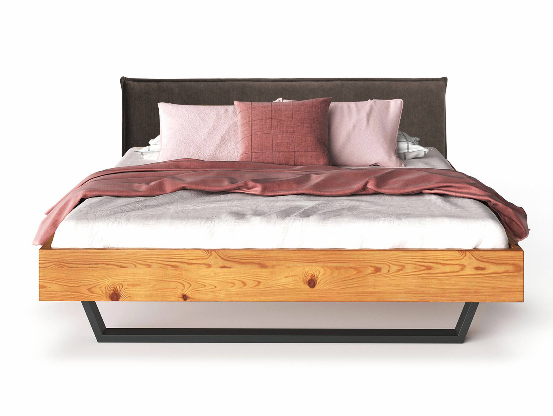 CURBY Kufenbett mit Polsterkopfteil, Material Massivholz, rustikale Altholzoptik, Fichte, Kufen schwarz 120 x 200 cm | natur | Stoff Braun ohne Steppung