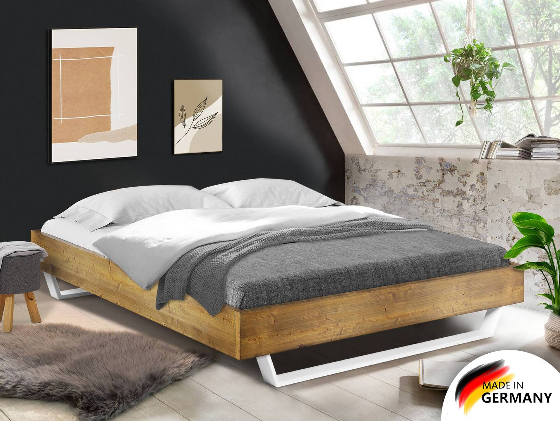 CURBY Kufenbett ohne Kopfteil, Material Massivholz, rustikale Altholzoptik, Kufen weiss 140 x 200 cm | vintage