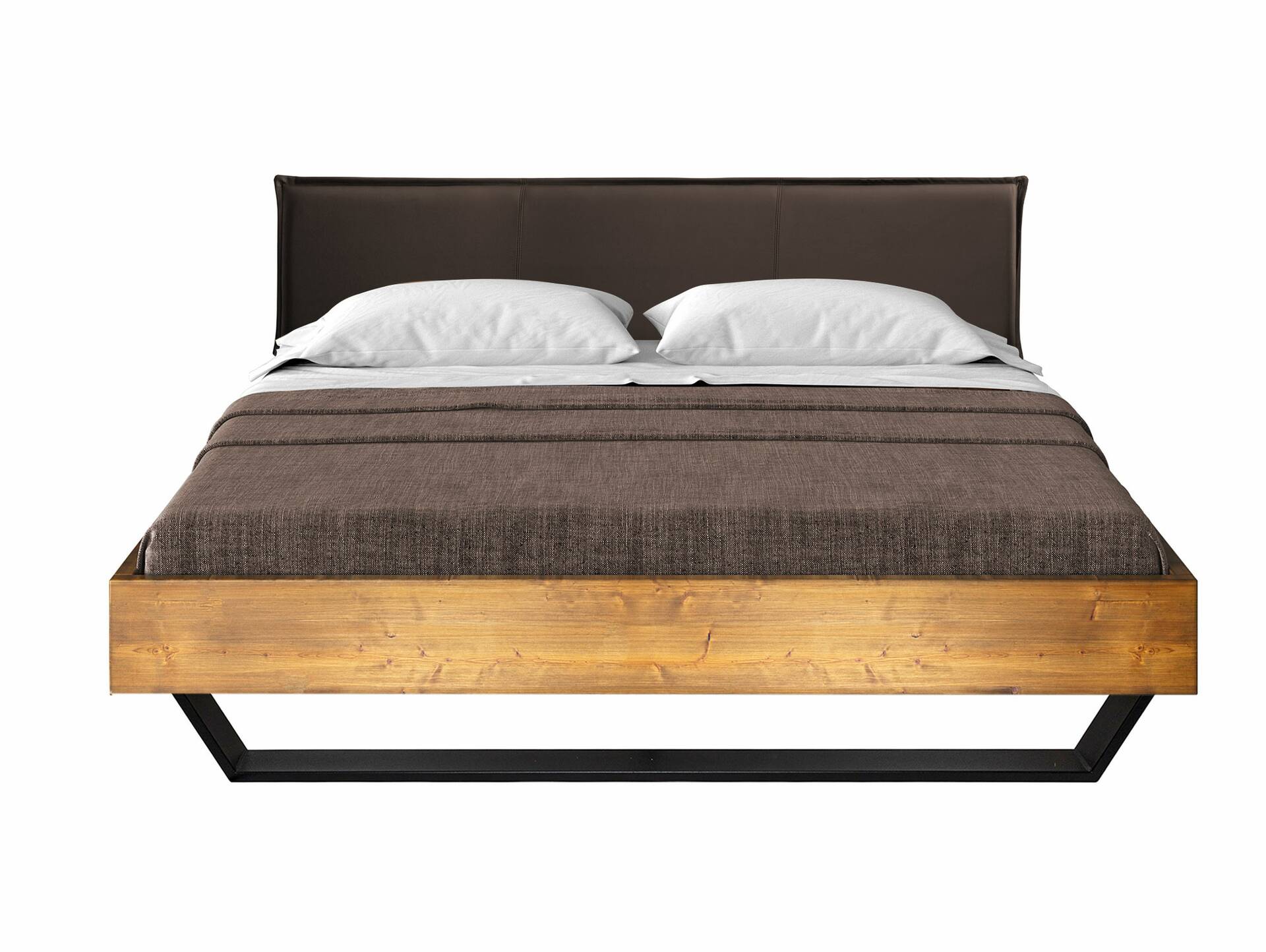 CURBY Kufenbett mit Polsterkopfteil, Material Massivholz, rustikale Altholzoptik, Fichte, Kufen schwarz 140 x 200 cm | vintage | Kunstleder Braun ohne Steppung