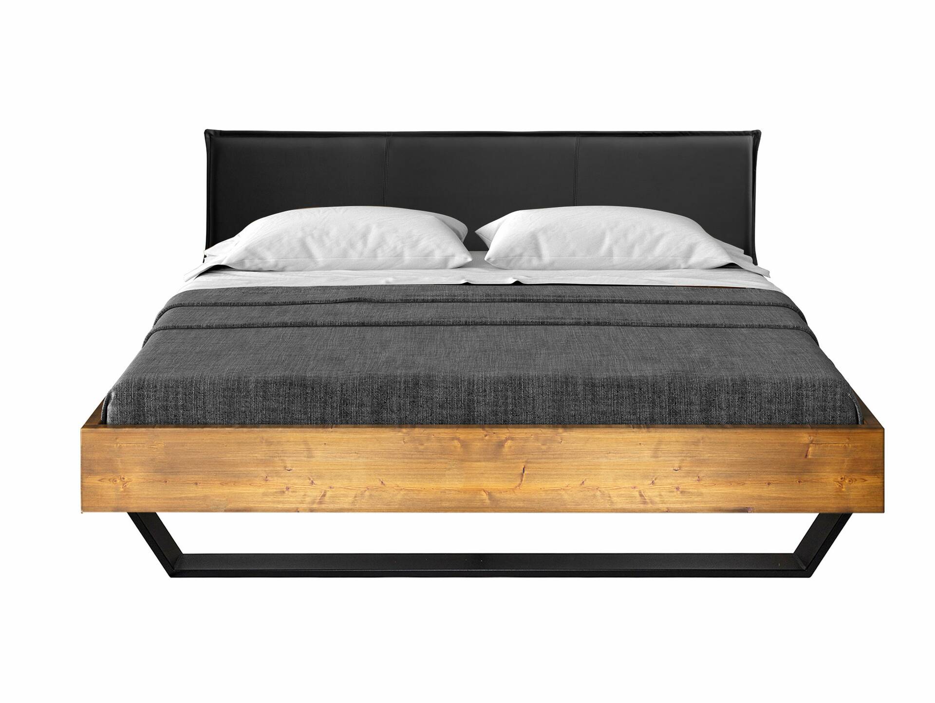 CURBY Kufenbett mit Polsterkopfteil, Material Massivholz, rustikale Altholzoptik, Fichte, Kufen schwarz 160 x 220 cm | vintage | Kunstleder Schwarz ohne Steppung