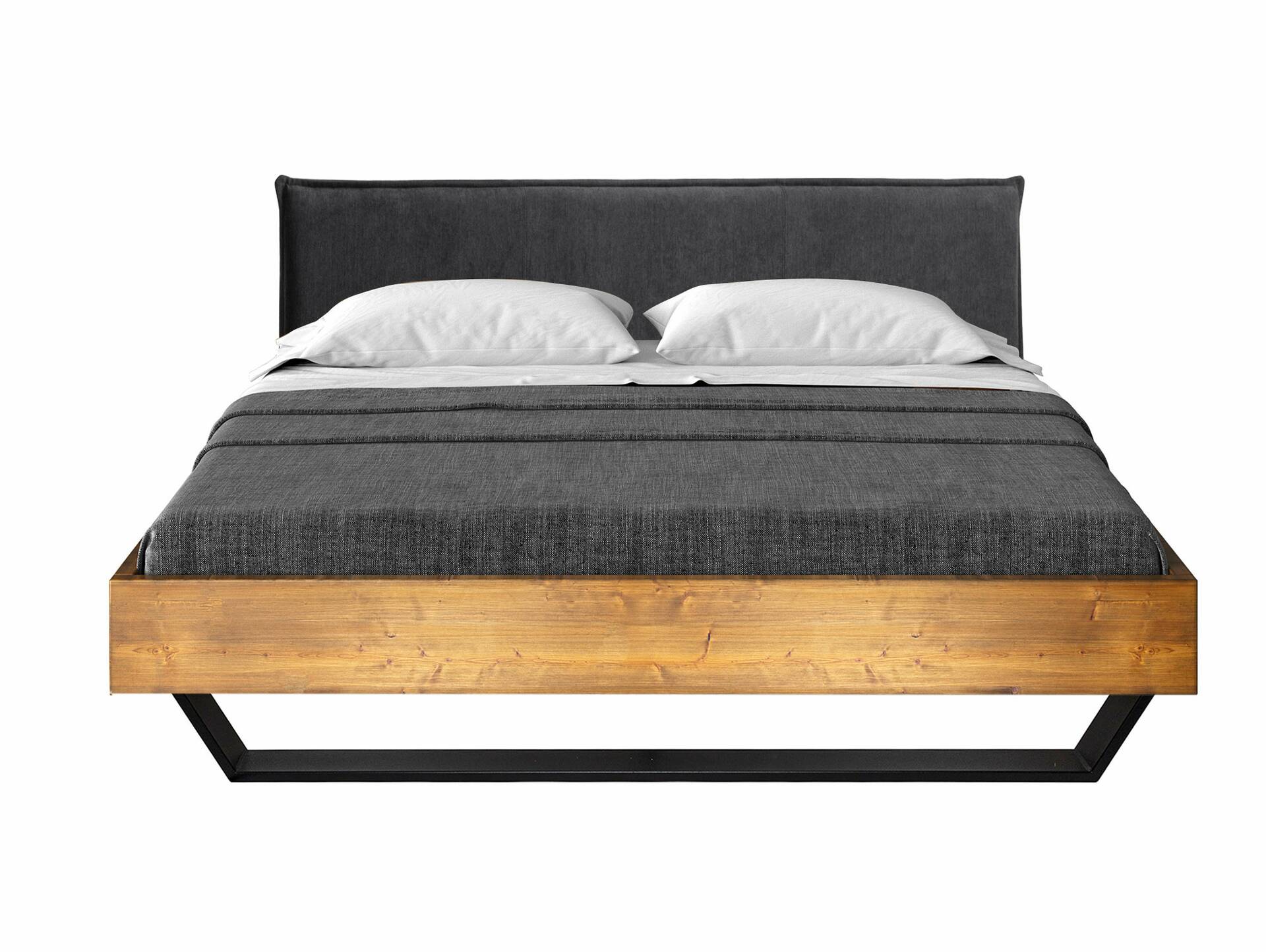 CURBY Kufenbett mit Polsterkopfteil, Material Massivholz, rustikale Altholzoptik, Fichte, Kufen schwarz 140 x 200 cm | vintage | Stoff Anthrazit ohne Steppung