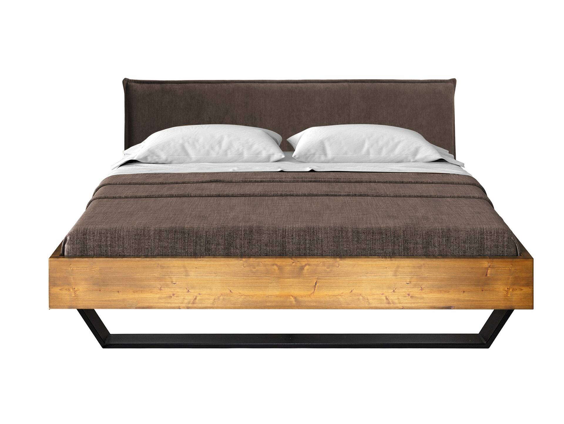 CURBY Kufenbett mit Polsterkopfteil, Material Massivholz, rustikale Altholzoptik, Fichte, Kufen schwarz 140 x 200 cm | vintage | Stoff Braun ohne Steppung