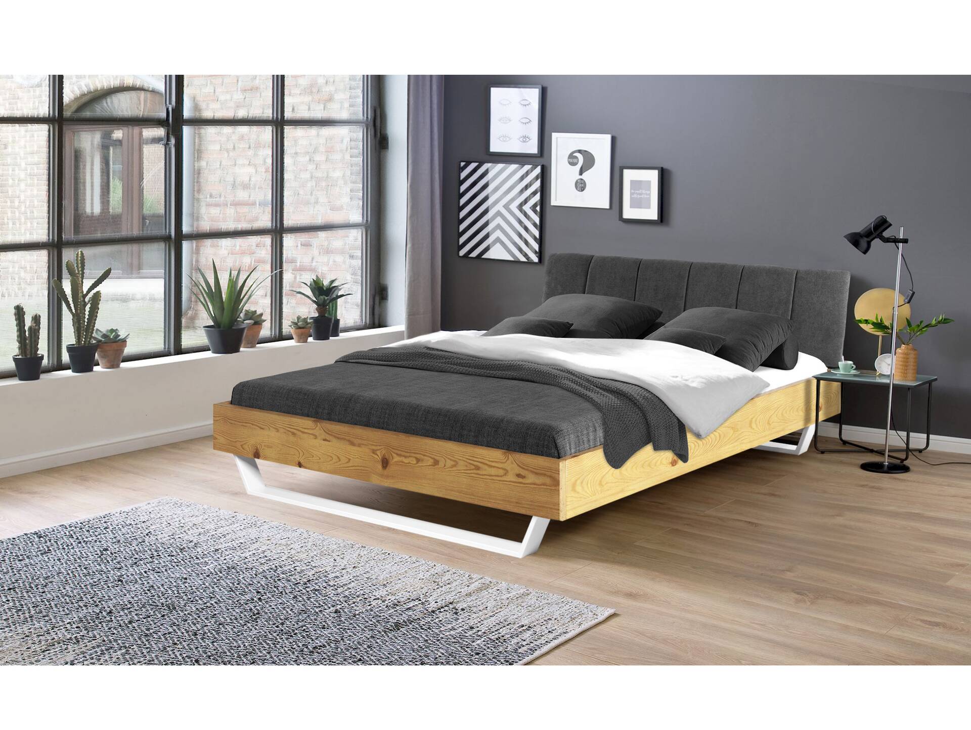 CURBY Kufenbett mit gestepptem Kopfteil, Material Massivholz, rustikale Altholzoptik, Fichte, Kufen Weiß 140 x 200 cm | natur | Stoff Anthrazit