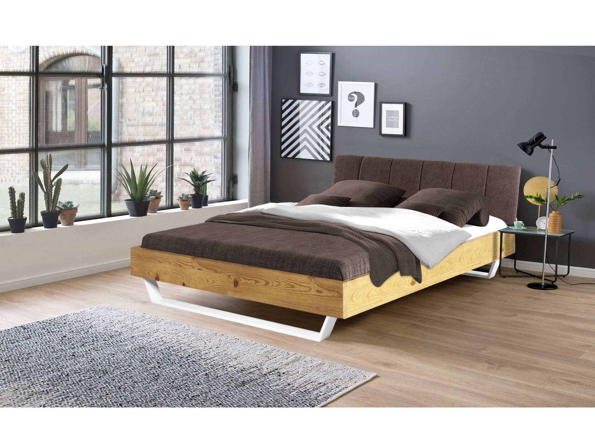 CURBY Kufenbett mit gestepptem Kopfteil, Material Massivholz, rustikale Altholzoptik, Fichte, Kufen Weiß 120 x 200 cm | natur | Stoff Braun