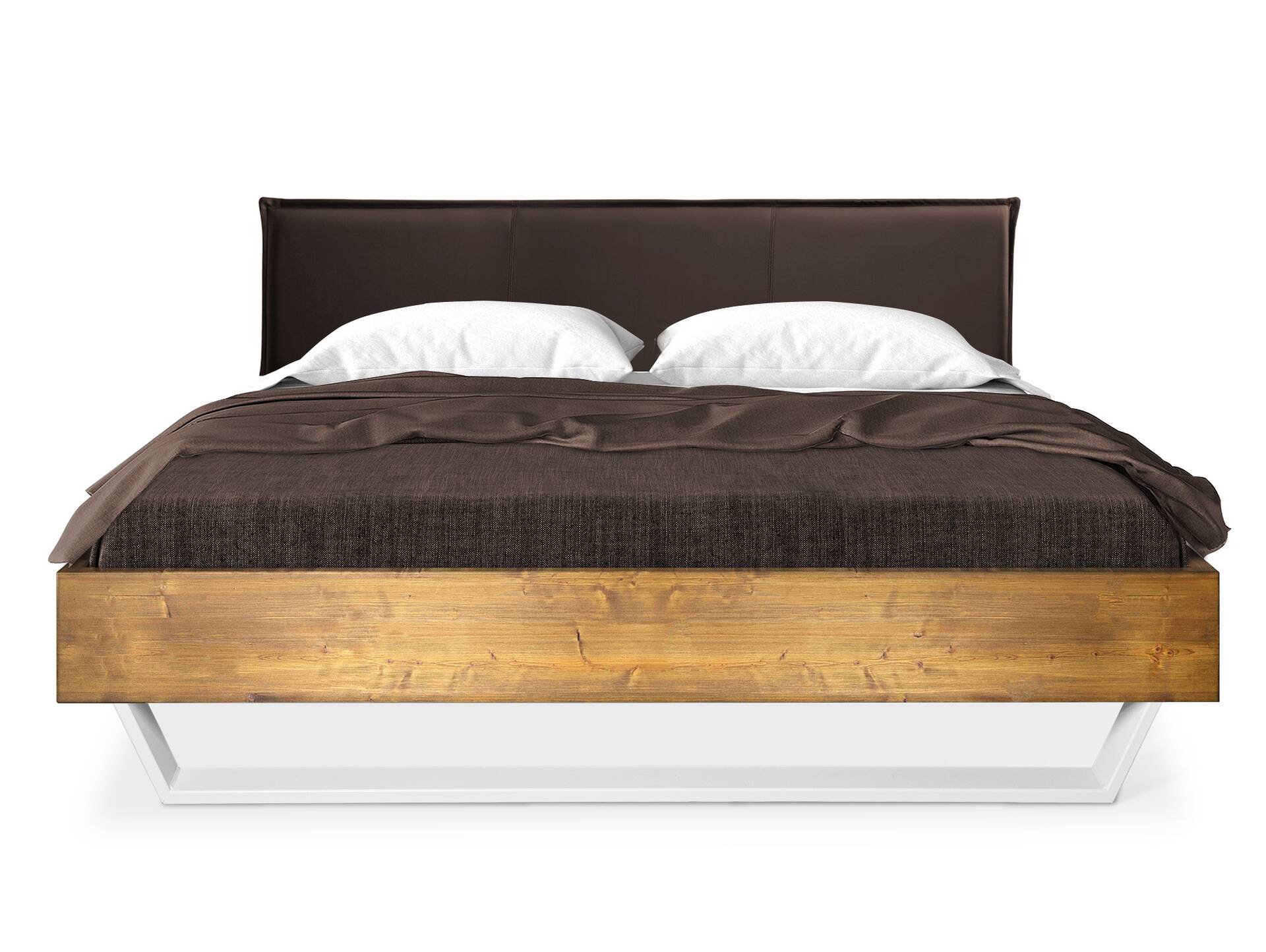 CURBY Kufenbett mit Polsterkopfteil, Material Massivholz, rustikale Altholzoptik, Fichte, Kufen weiss 140 x 200 cm | vintage | Kunstleder Braun