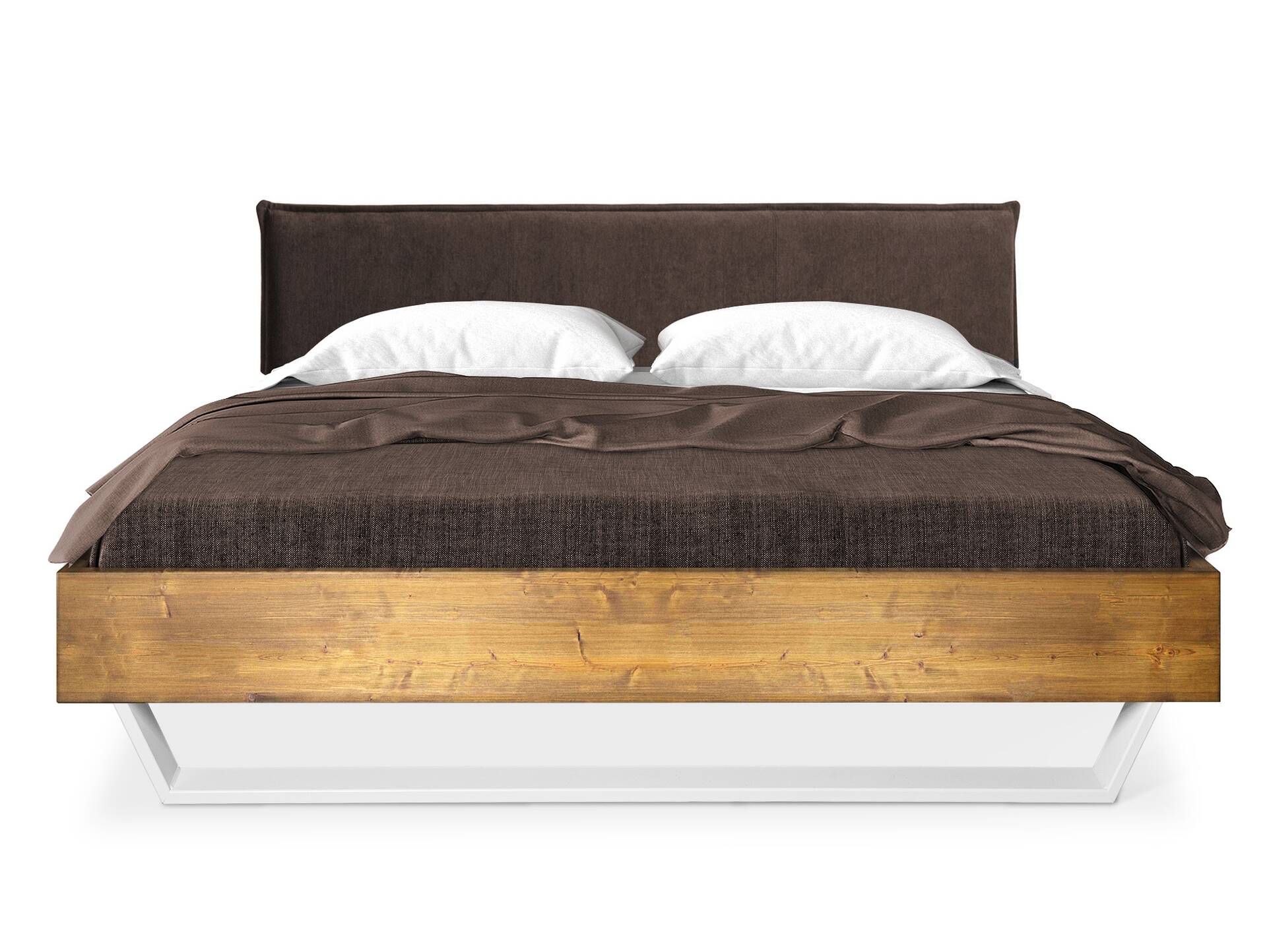 CURBY Kufenbett mit Polsterkopfteil, Material Massivholz, rustikale Altholzoptik, Fichte, Kufen weiss 120 x 220 cm | vintage | Stoff Braun