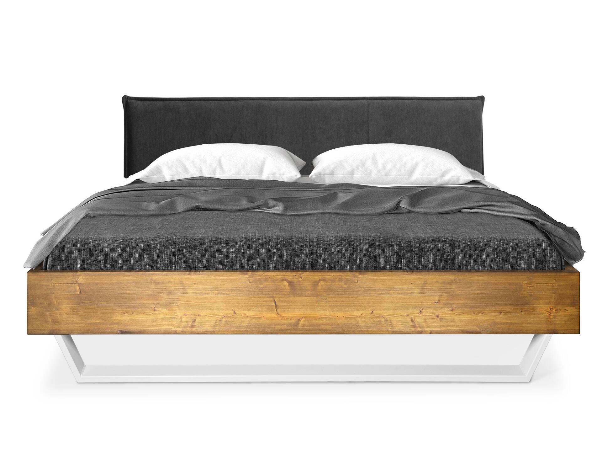 CURBY Kufenbett mit Polsterkopfteil, Material Massivholz, rustikale Altholzoptik, Fichte, Kufen weiss 120 x 200 cm | vintage | Stoff Anthrazit