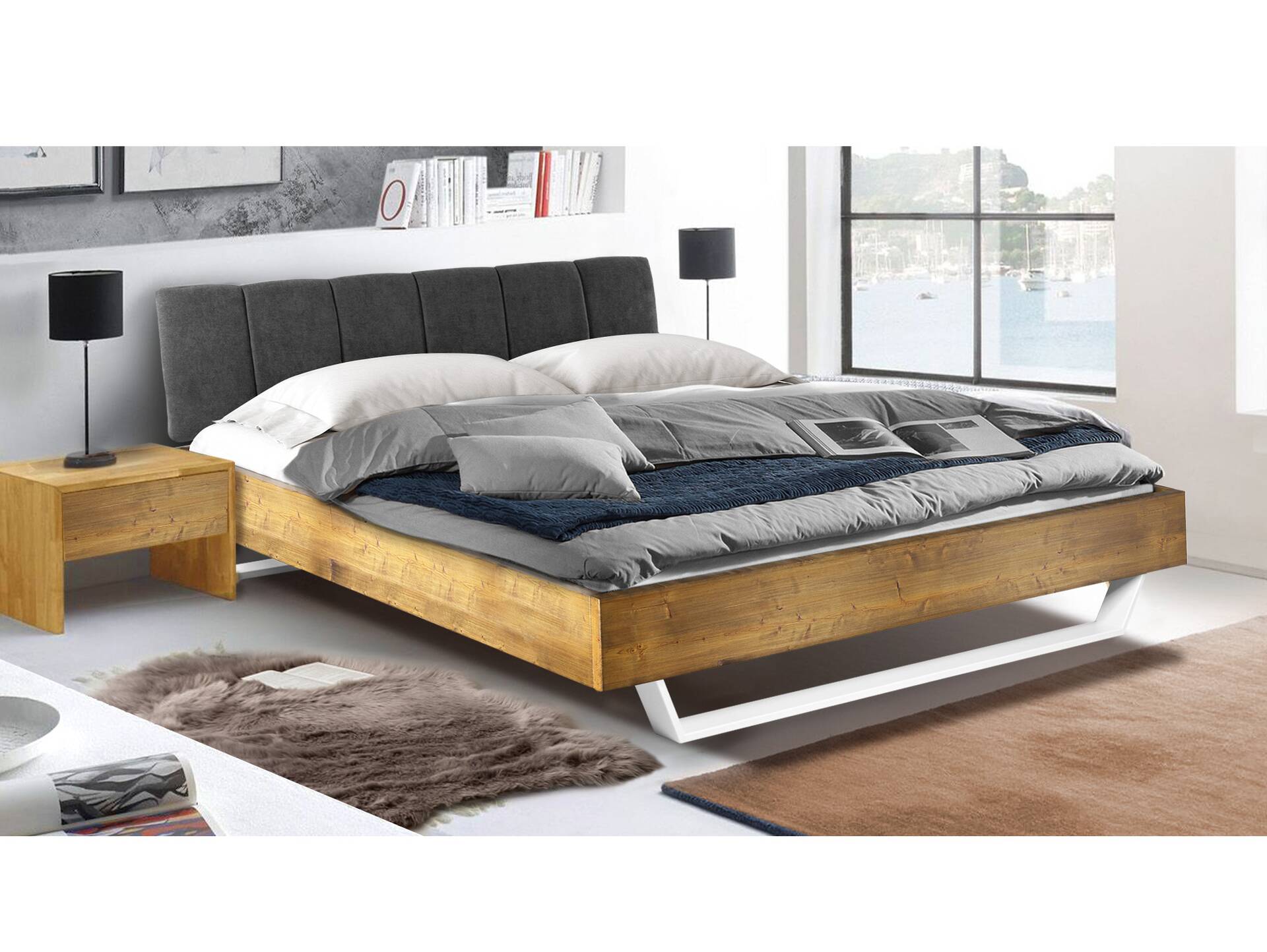 CURBY Kufenbett mit gestepptem Kopfteil, Material Massivholz, rustikale Altholzoptik, Fichte, Kufen Weiß 140 x 200 cm | vintage | Stoff Anthrazit