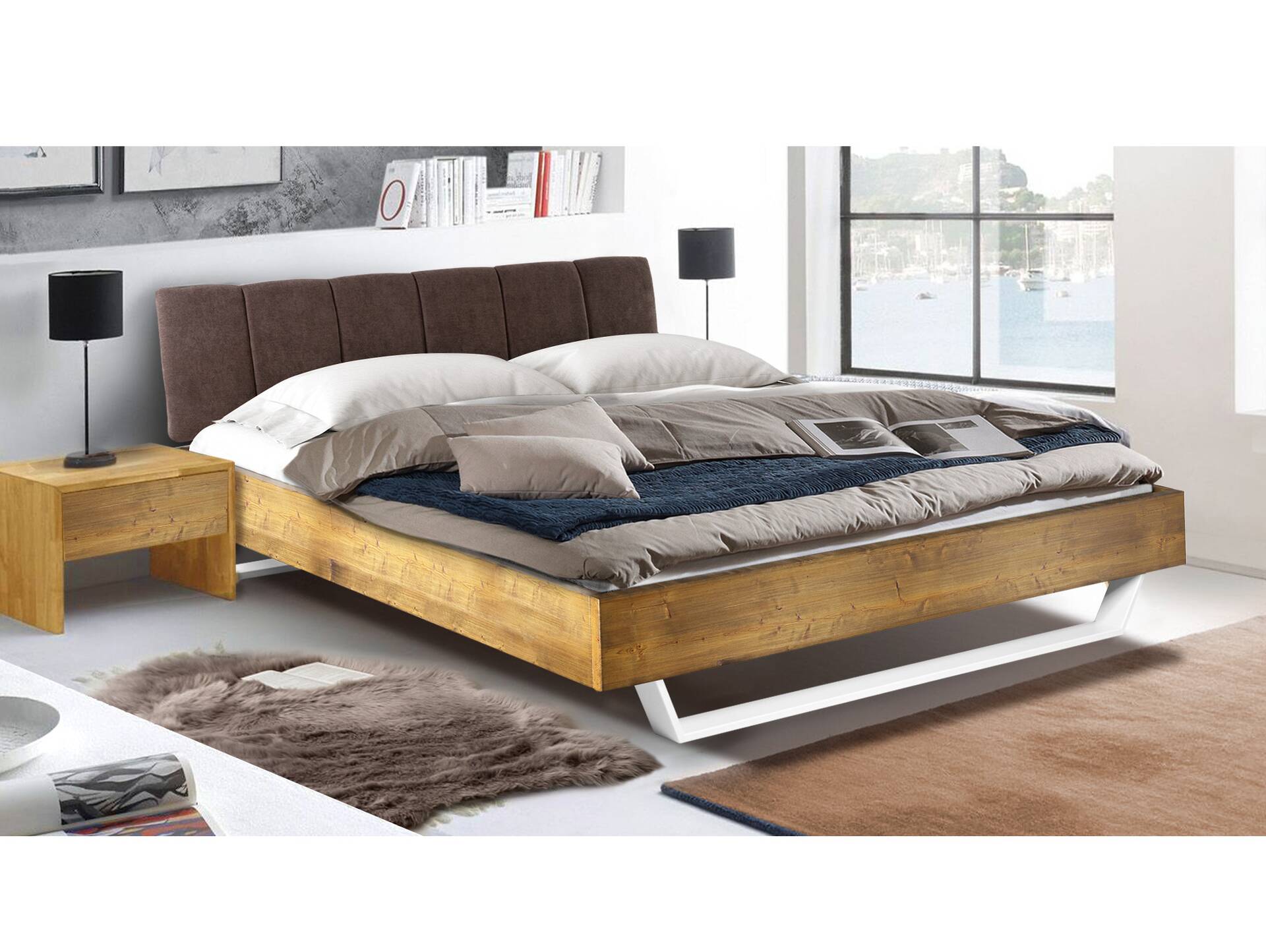 CURBY Kufenbett mit gestepptem Kopfteil, Material Massivholz, rustikale Altholzoptik, Fichte, Kufen Weiß 120 x 200 cm | vintage | Stoff Braun