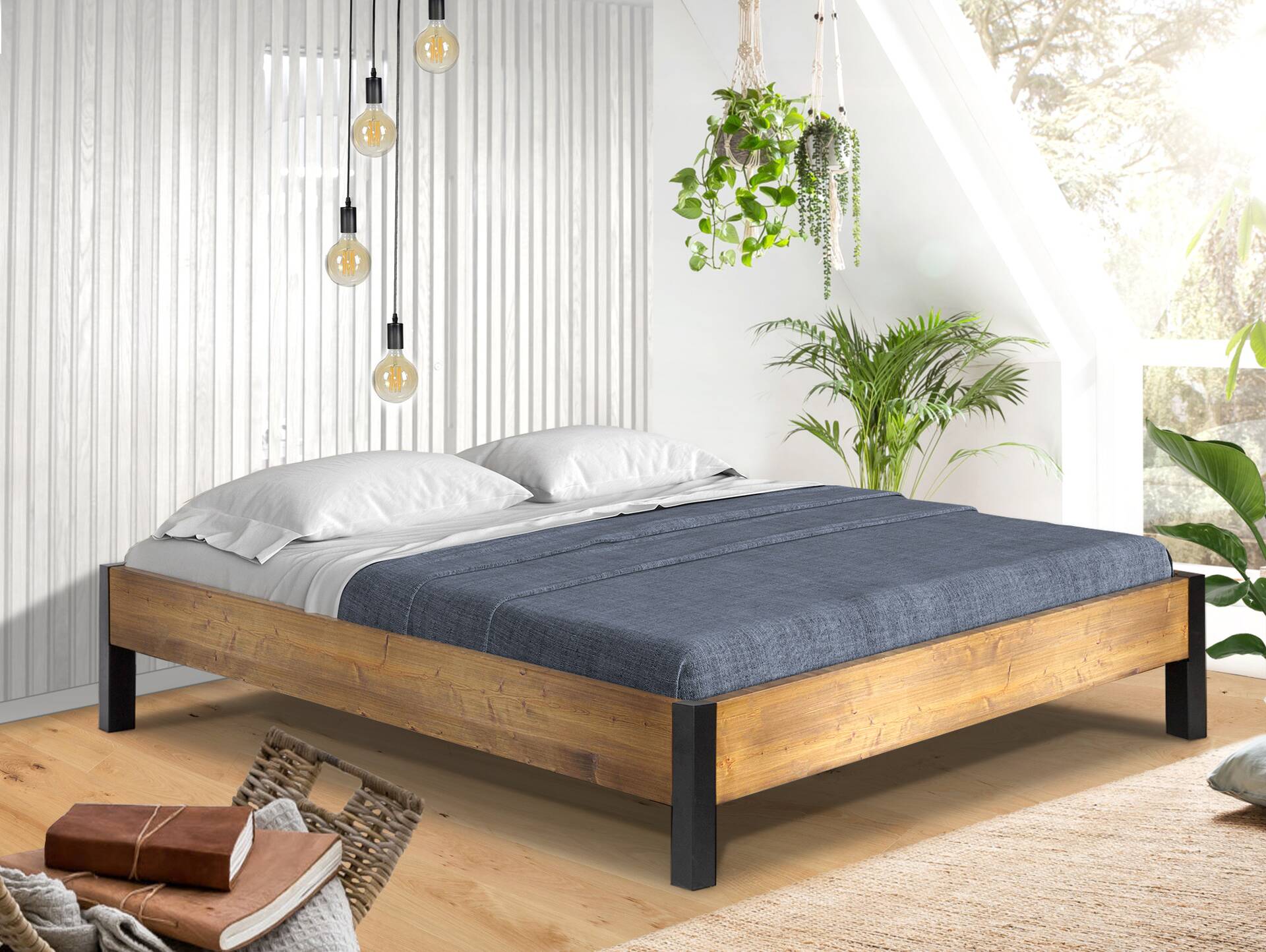 CURBY Bett mit Metallfuß, ohne Kopfteil, Material Massivholz, rustikale Altholzoptik, Fichte 90 x 200 cm | vintage