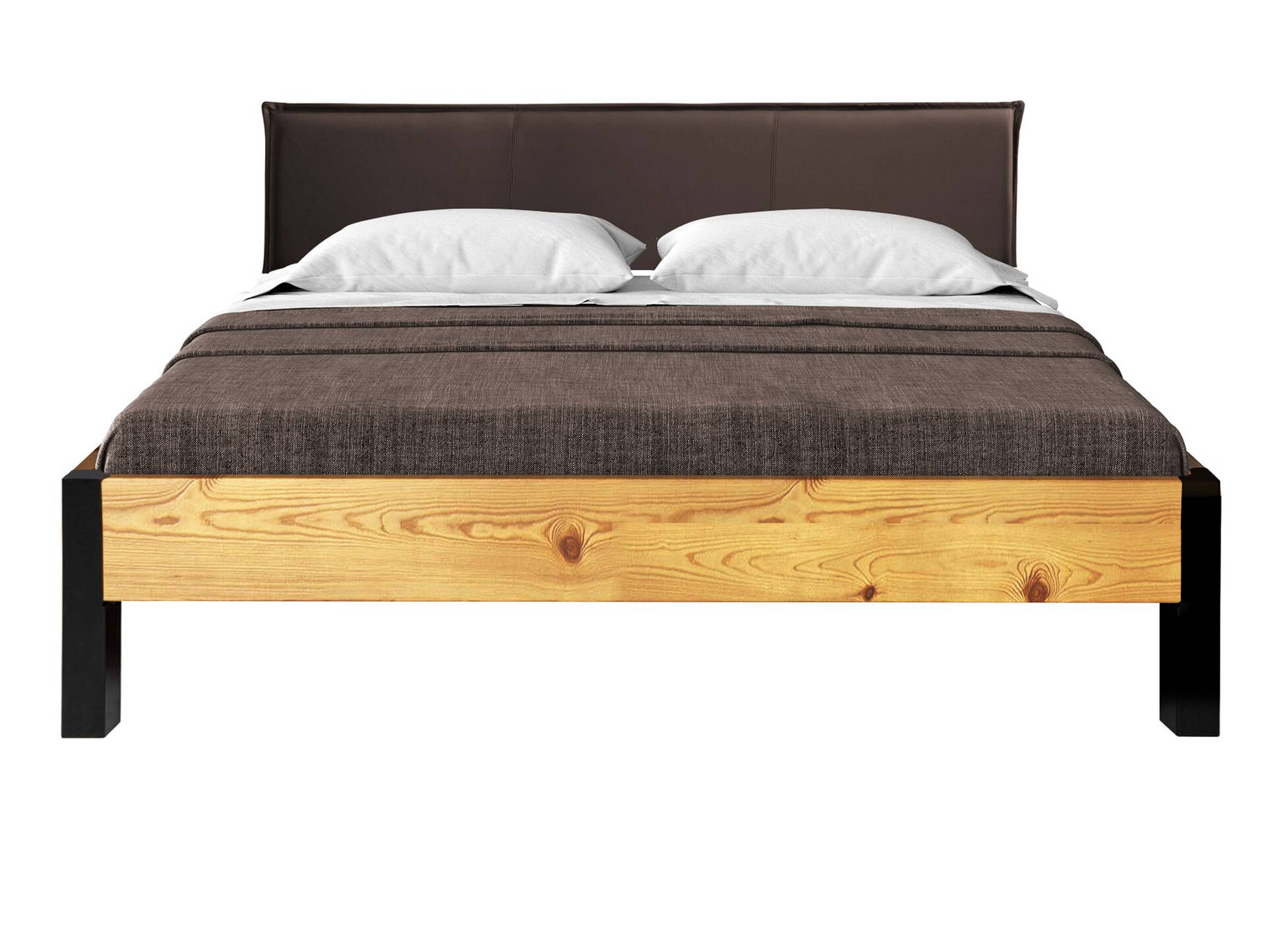 CURBY Bett mit Metallfuß und Polsterkopfteil, Material Massivholz, rustikale Altholzoptik, Fichte 120 x 200 cm | natur | Kunstleder Braun ohne Steppung