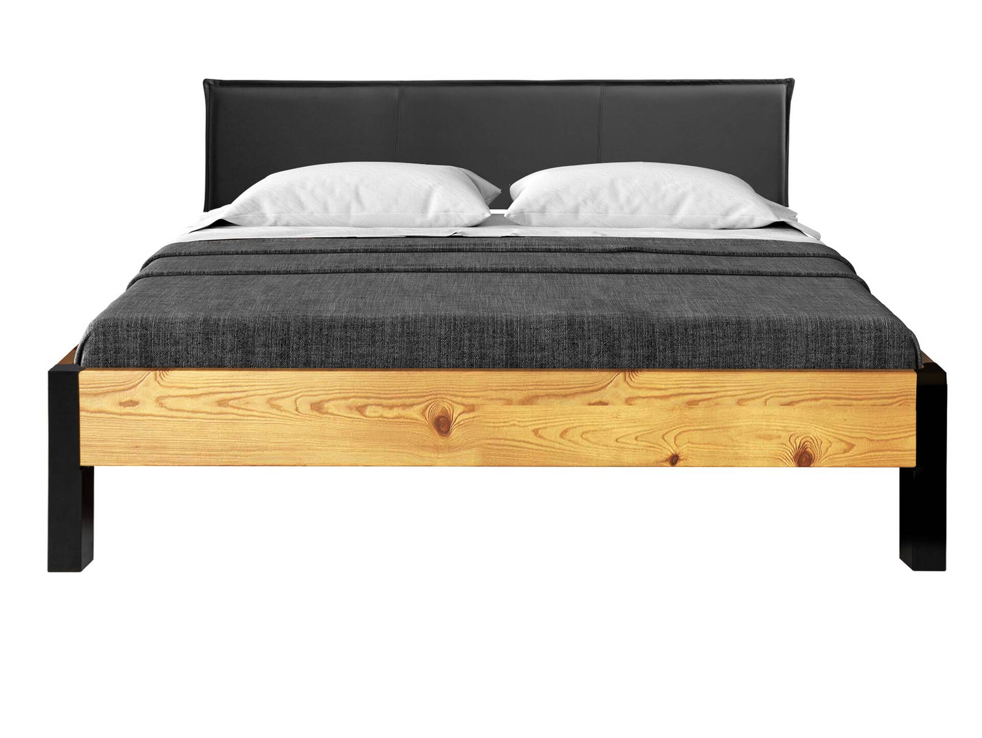 CURBY Bett mit Metallfuß und Polsterkopfteil, Material Massivholz, rustikale Altholzoptik, Fichte 140 x 200 cm | natur | Kunstleder Schwarz ohne Steppung