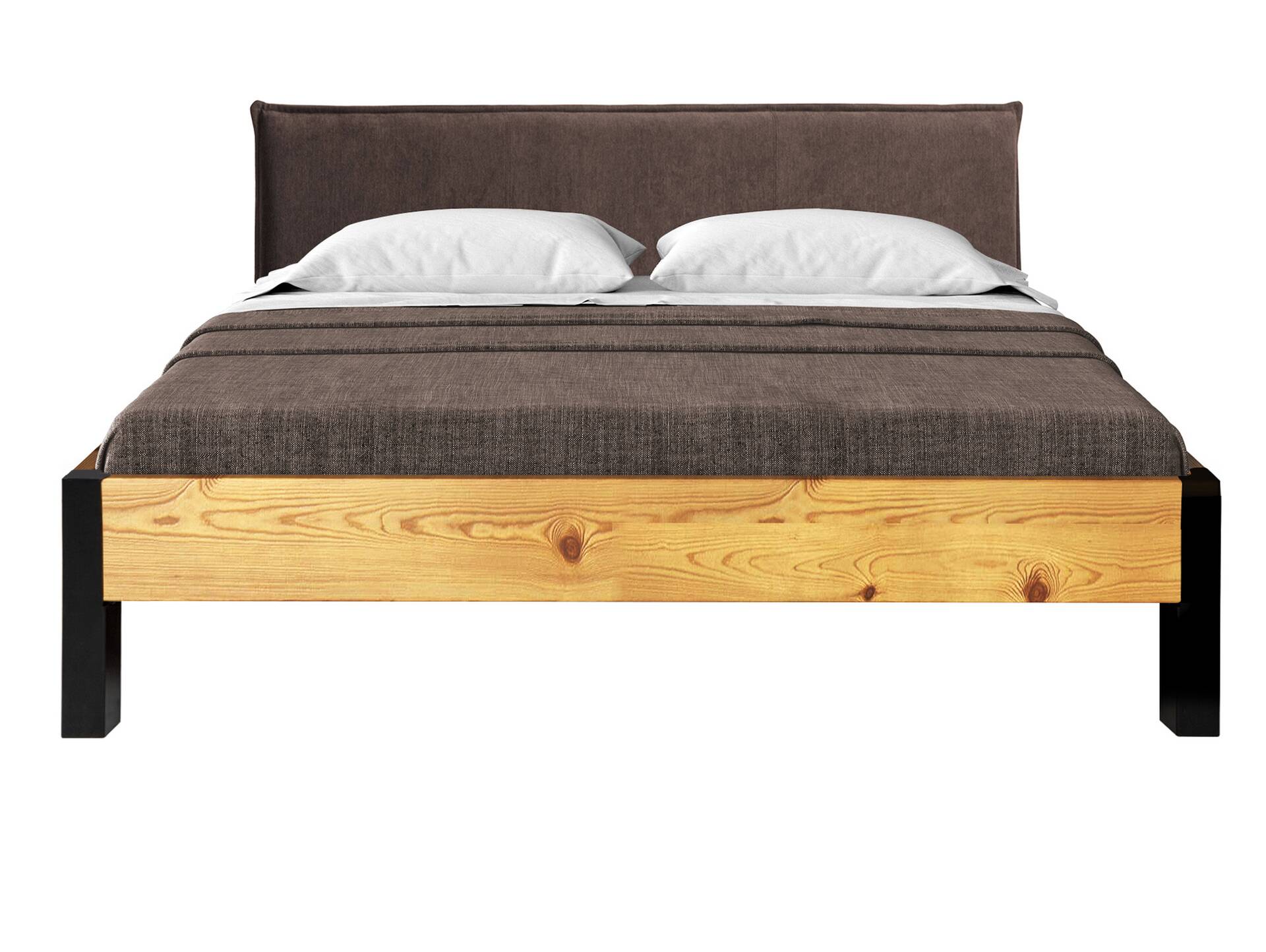 CURBY Bett mit Metallfuß und Polsterkopfteil, Material Massivholz, rustikale Altholzoptik, Fichte 120 x 220 cm | natur | Stoff Braun ohne Steppung