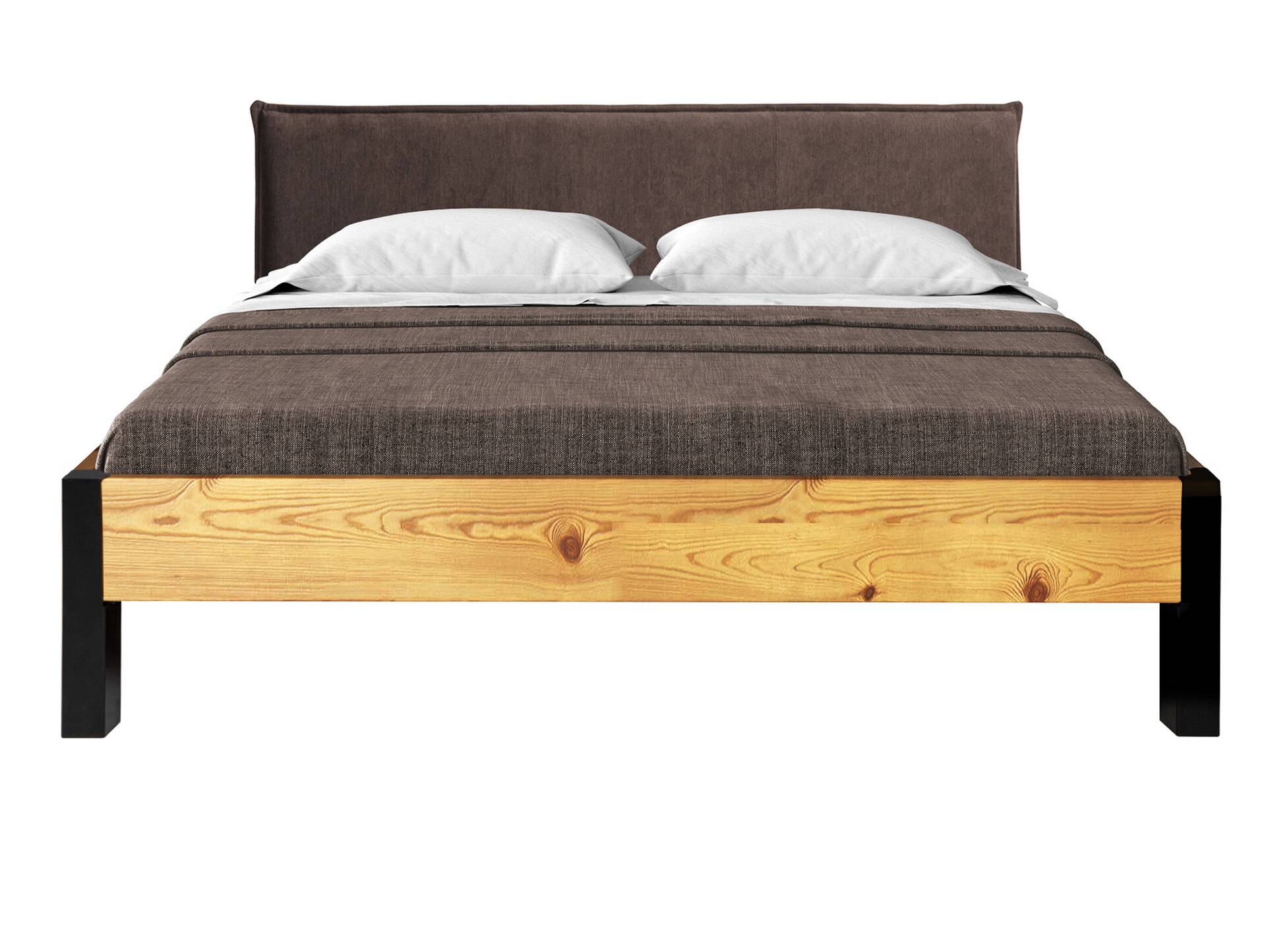 CURBY Bett Metallfuß, mit Polsterkopfteil, Material Massivholz, rustikale Altholzoptik, Fichte 90 x 200 cm | natur | Stoff Braun ohne Steppung