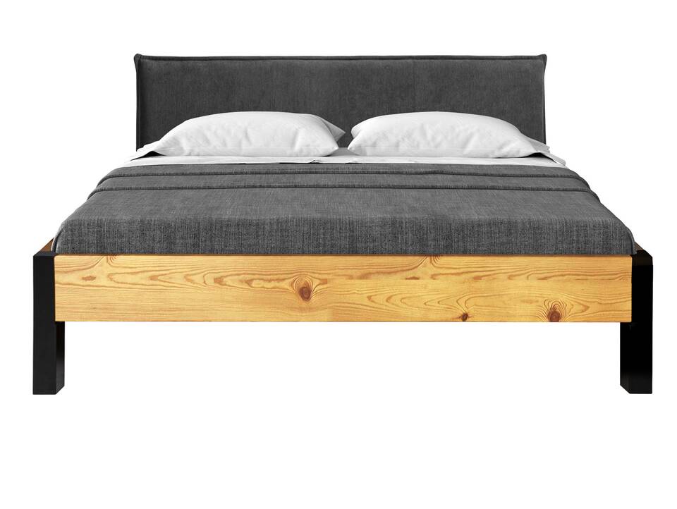 CURBY Bett mit Metallfuß und Polsterkopfteil, Material Massivholz, rustikale Altholzoptik, Fichte 140 x 200 cm | natur | Stoff Anthrazit ohne Steppung