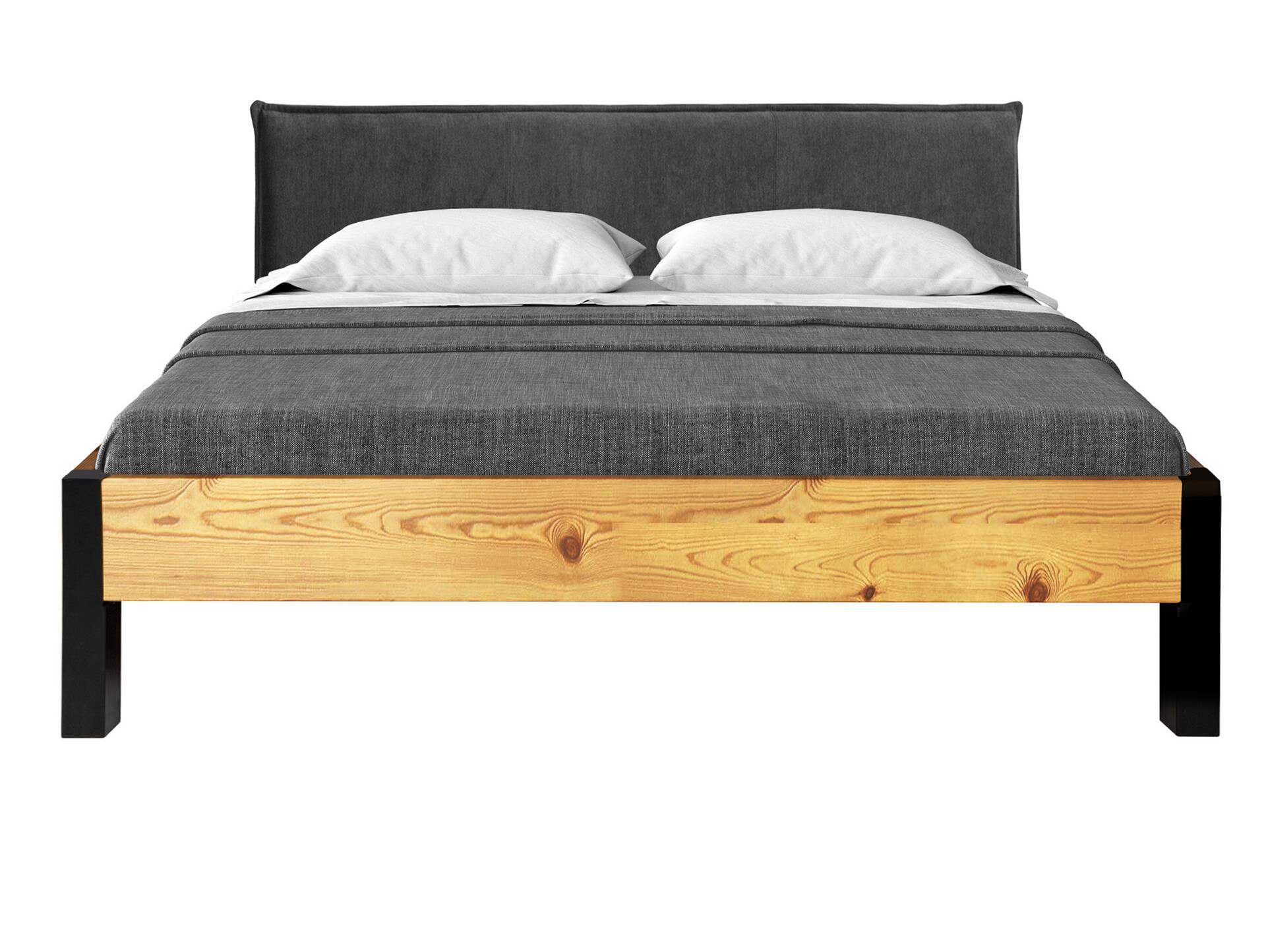 CURBY Bett mit Metallfuß und Polsterkopfteil, Material Massivholz, rustikale Altholzoptik, Fichte 120 x 200 cm | natur | Stoff Anthrazit ohne Steppung