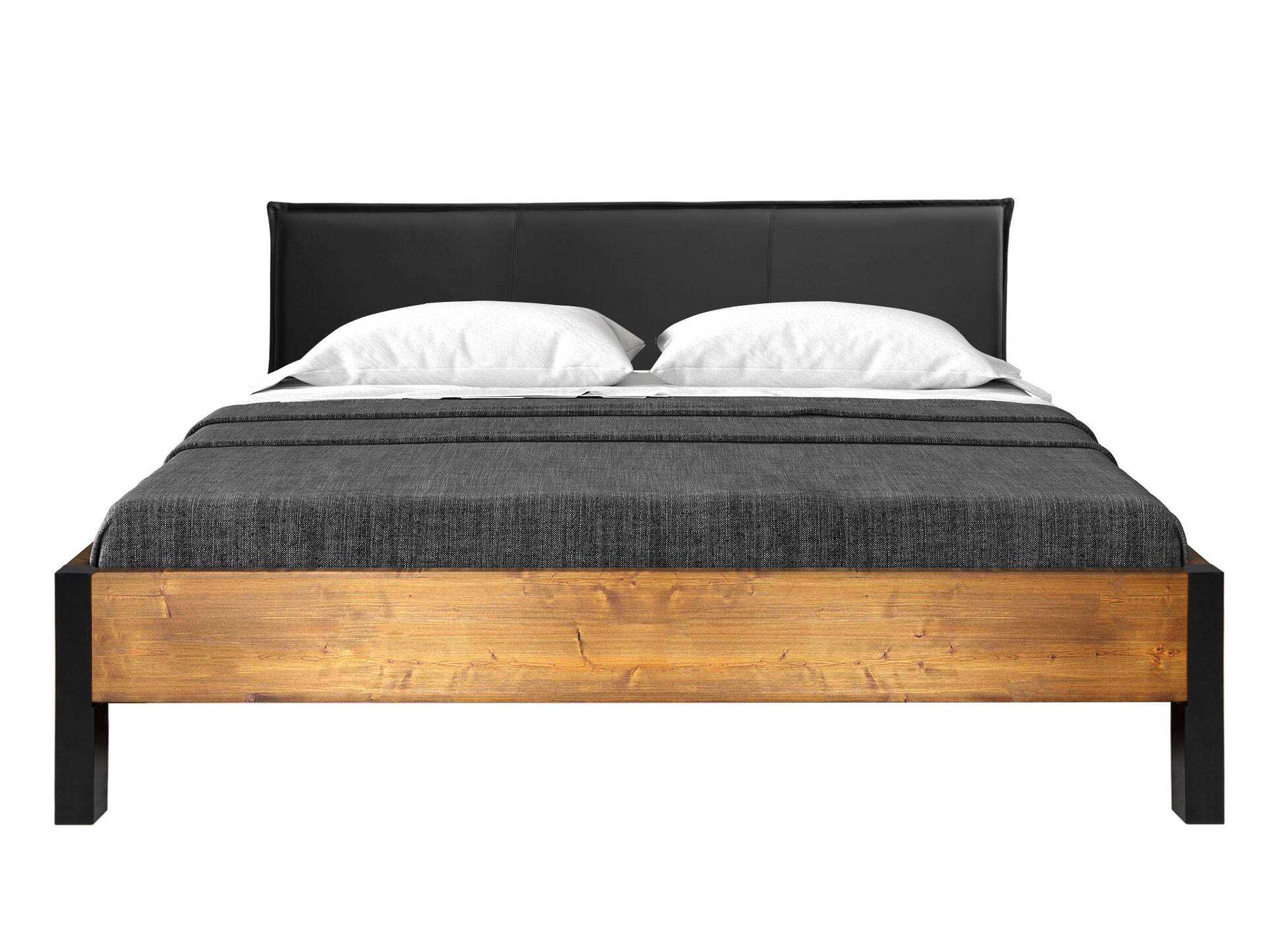 CURBY Bett mit Metallfuß und Polsterkopfteil, Material Massivholz, rustikale Altholzoptik, Fichte 200 x 200 cm | vintage | Kunstleder Schwarz ohne Steppung