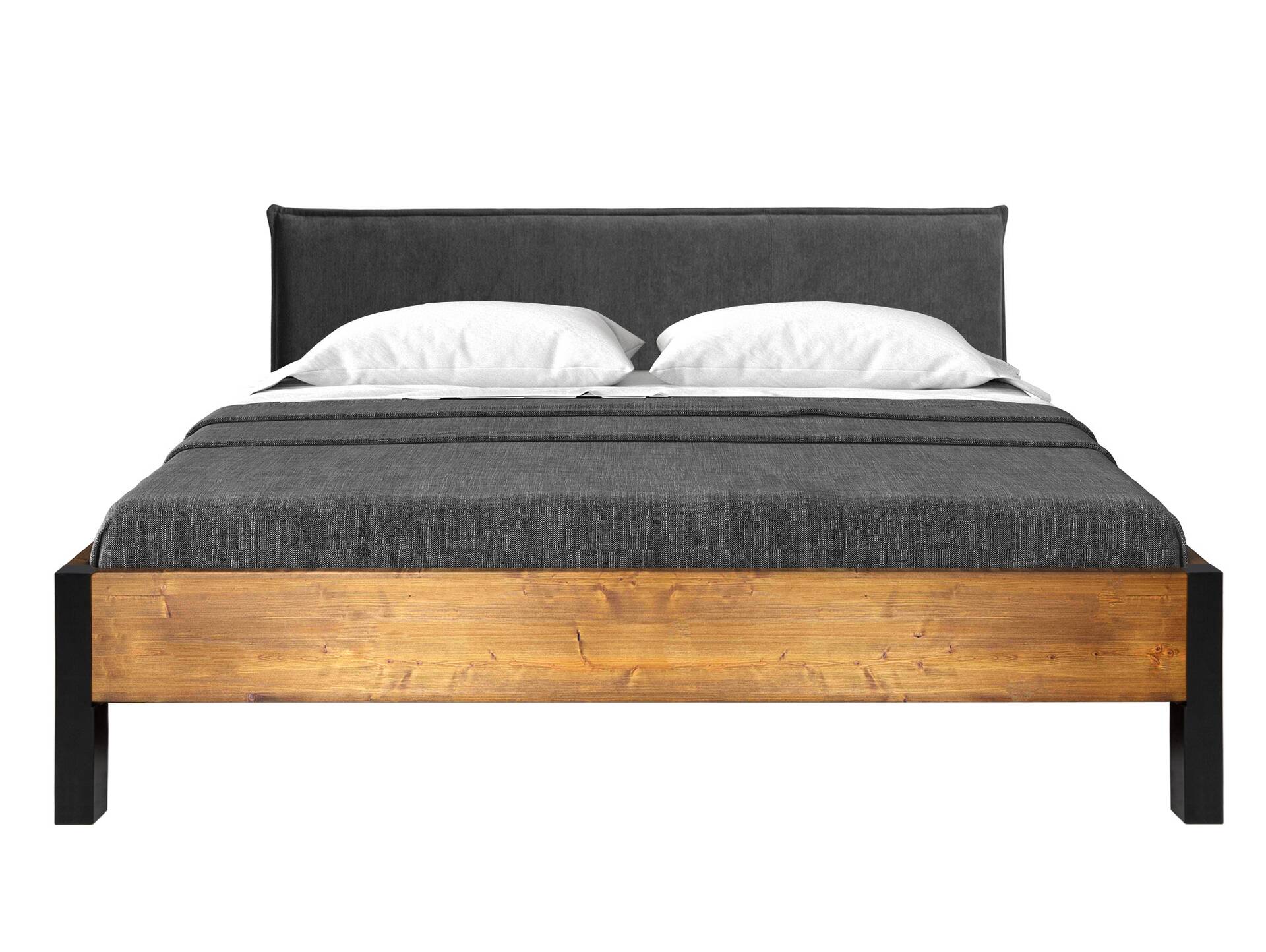 CURBY Bett mit Metallfuß und Polsterkopfteil, Material Massivholz, rustikale Altholzoptik, Fichte 140 x 200 cm | vintage | Stoff Anthrazit ohne Steppung