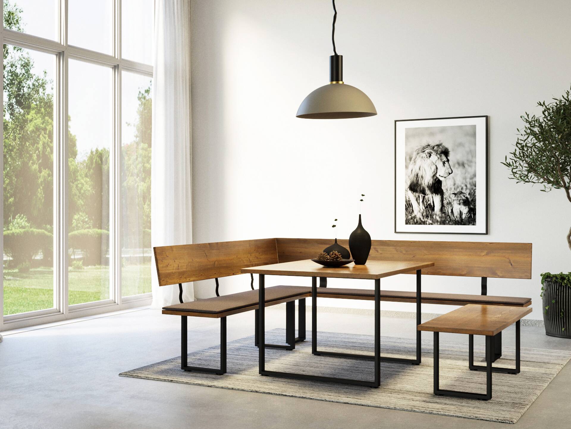CURBY Essgruppe, rustikale Altholzoptik, Material Massivholz, Fichte gebürstet 256 x 167 cm | vintage | inklusive Sitzkissen braun