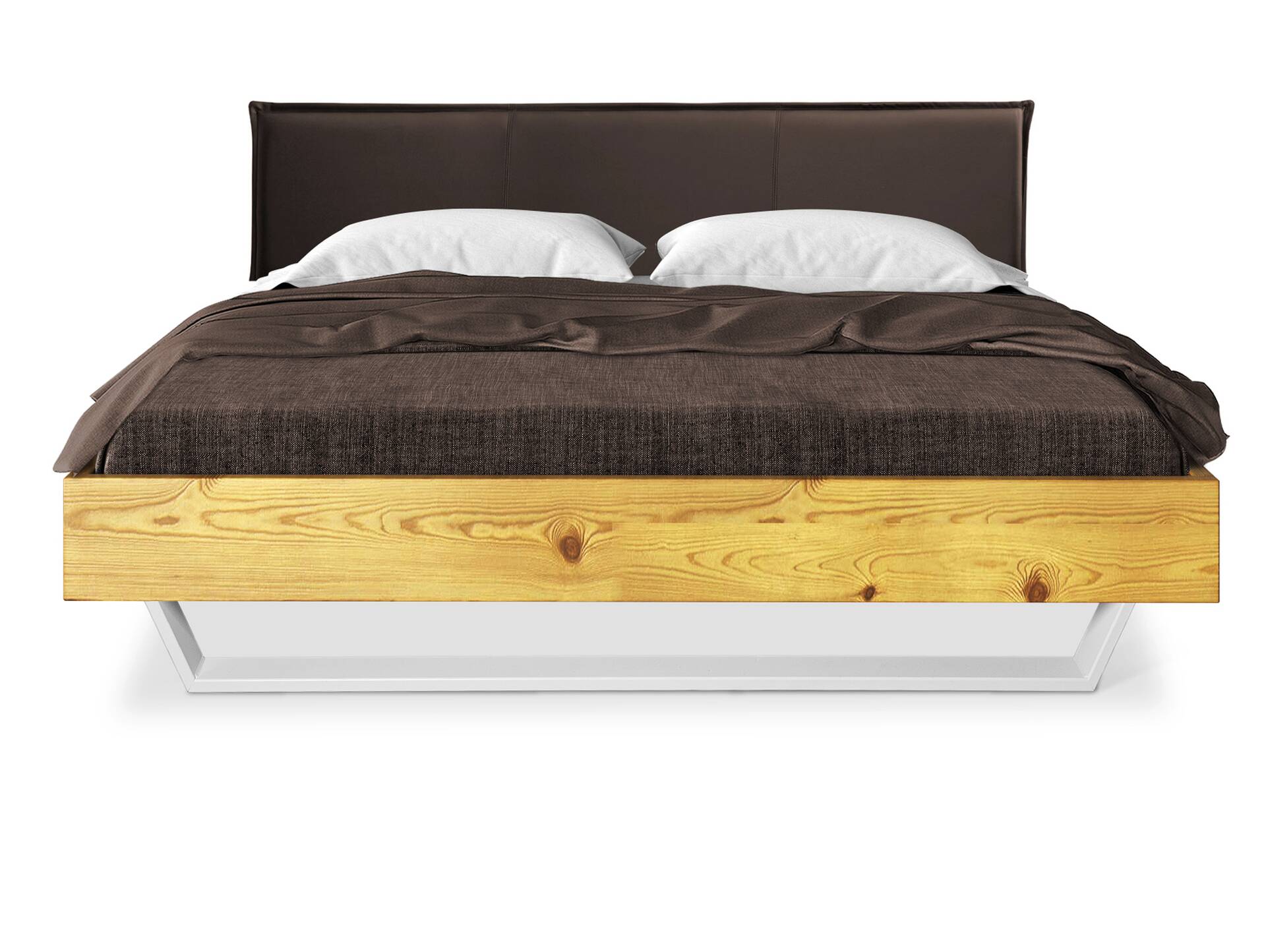CURBY Kufenbett mit Polster-Kopfteil, Material Massivholz, rustikale Altholzoptik, Fichte, Kufen Weiß 120 x 200 cm | natur | Kunstleder Braun