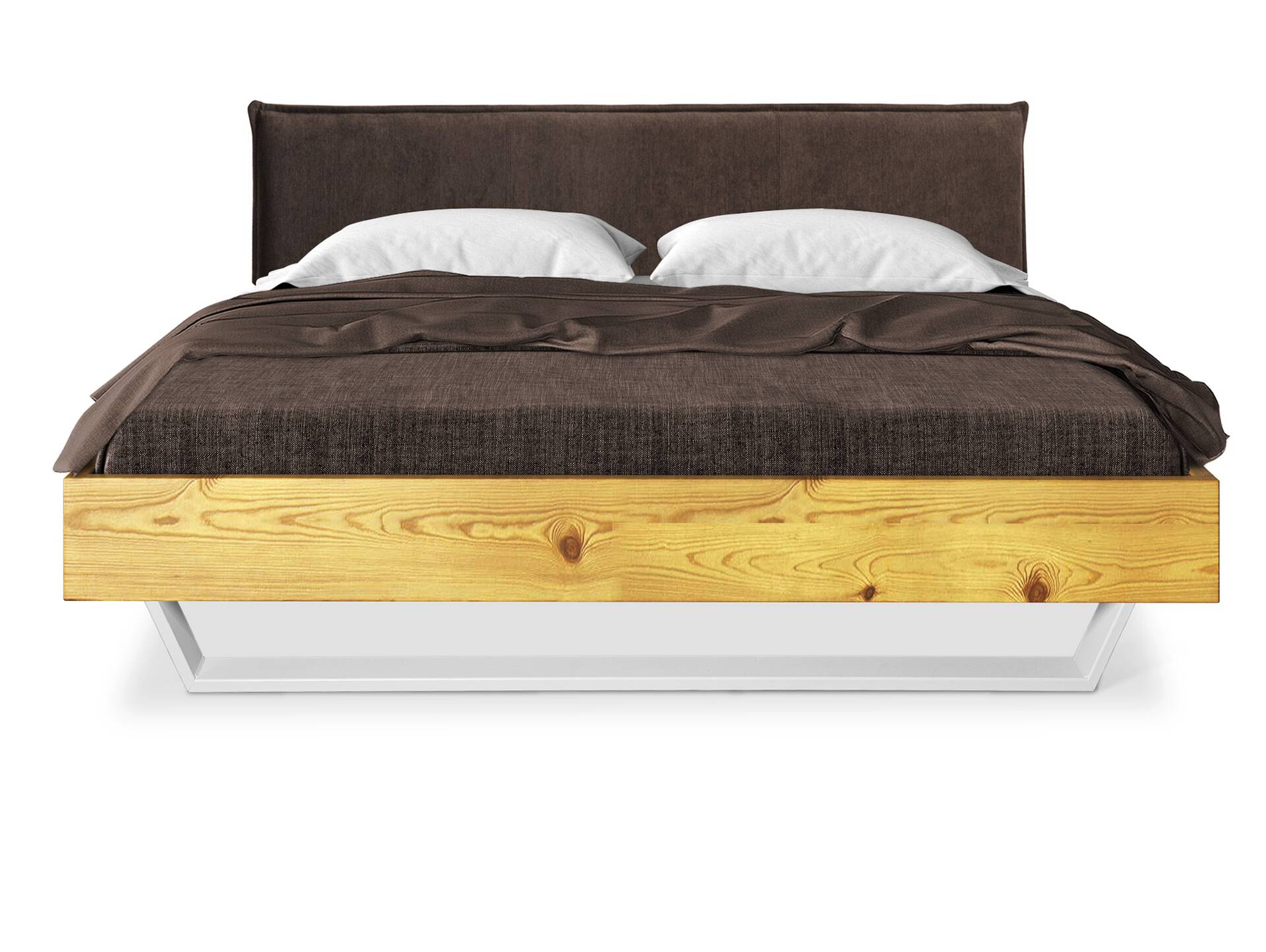 CURBY Kufenbett mit Polsterkopfteil, Material Massivholz, rustikale Altholzoptik, Fichte, Kufen weiss 120 x 200 cm | natur | Stoff Braun