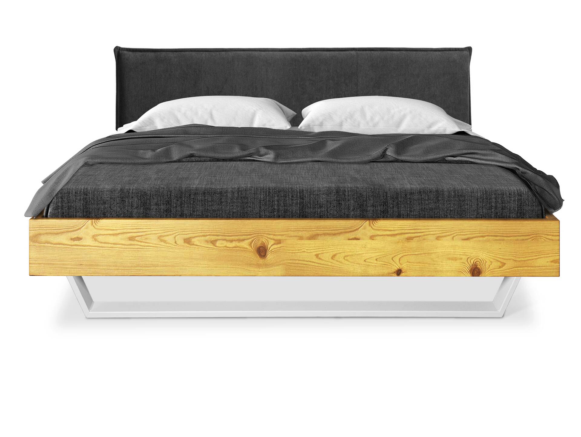 CURBY Kufenbett mit Polsterkopfteil, Material Massivholz, rustikale Altholzoptik, Fichte, Kufen weiss 120 x 200 cm | natur | Stoff Anthrazit