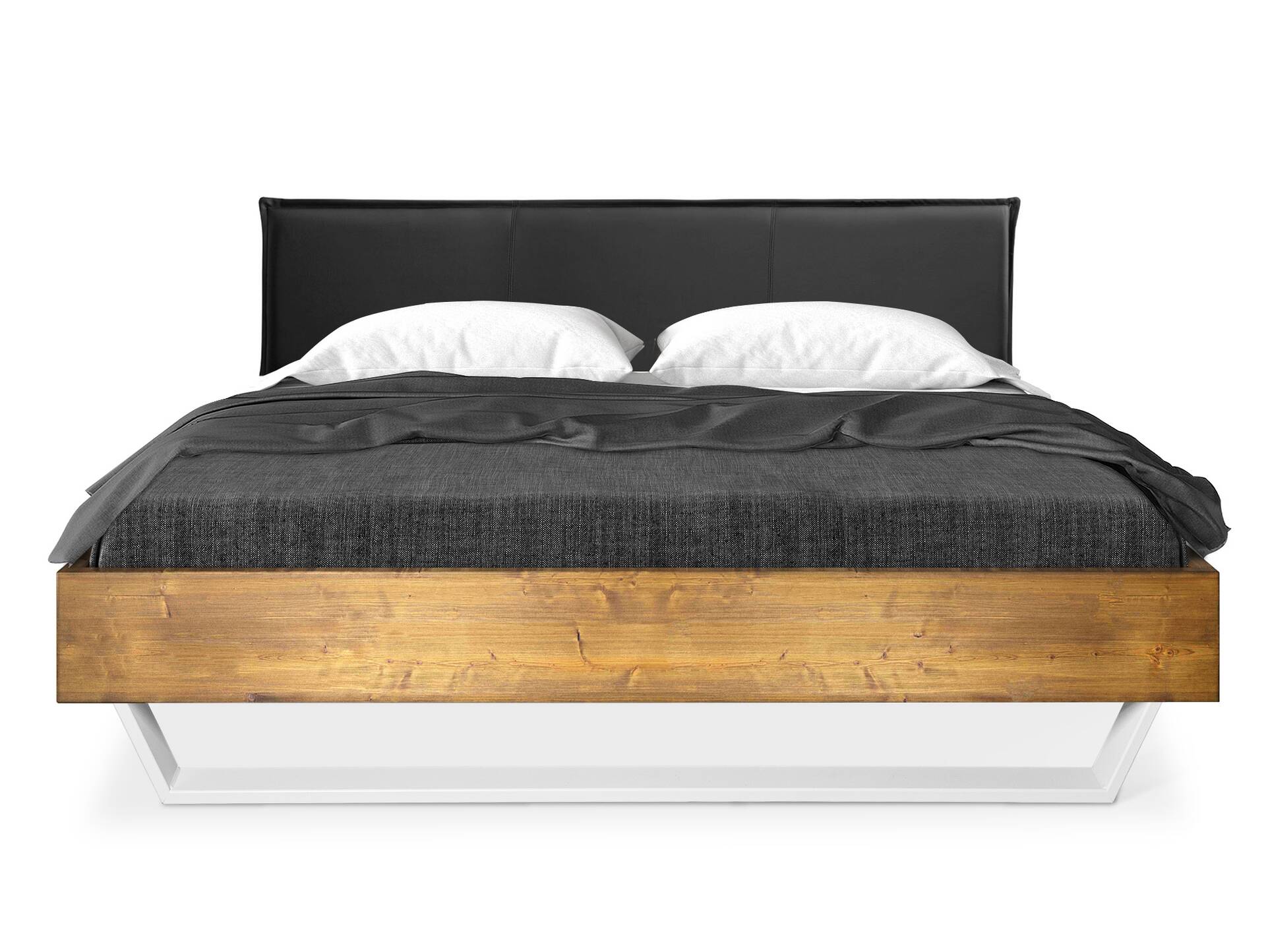 CURBY Kufenbett mit Polsterkopfteil, Material Massivholz, rustikale Altholzoptik, Fichte, Kufen weiss 120 x 200 cm | vintage | Kunstleder Schwarz