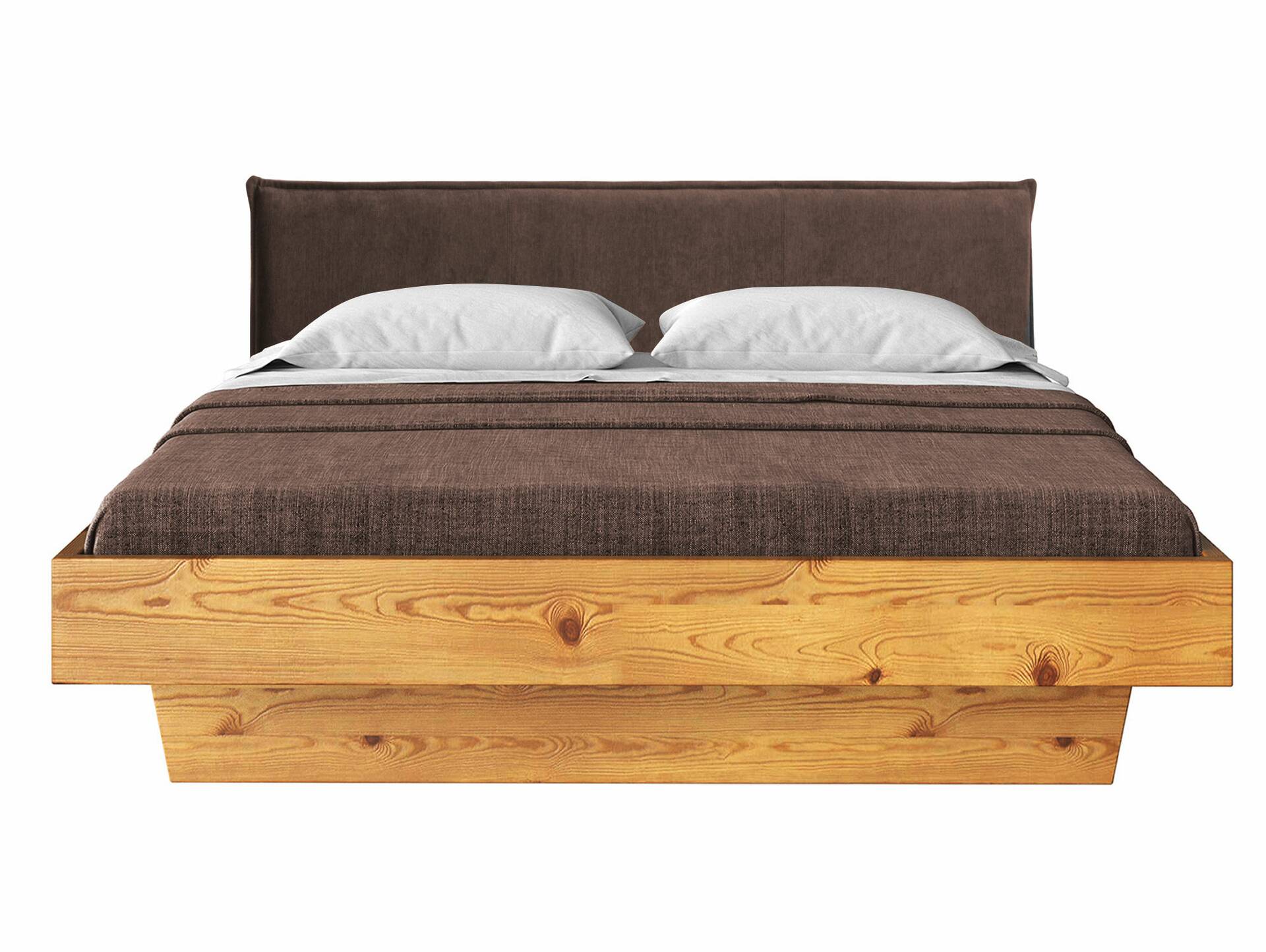 CURBY Wangenbett mit Polsterkopfteil, Material Massivholz, rustikale Altholzoptik, Fichte gebürstet 90 x 220 cm | natur | Stoff Braun ohne Steppung
