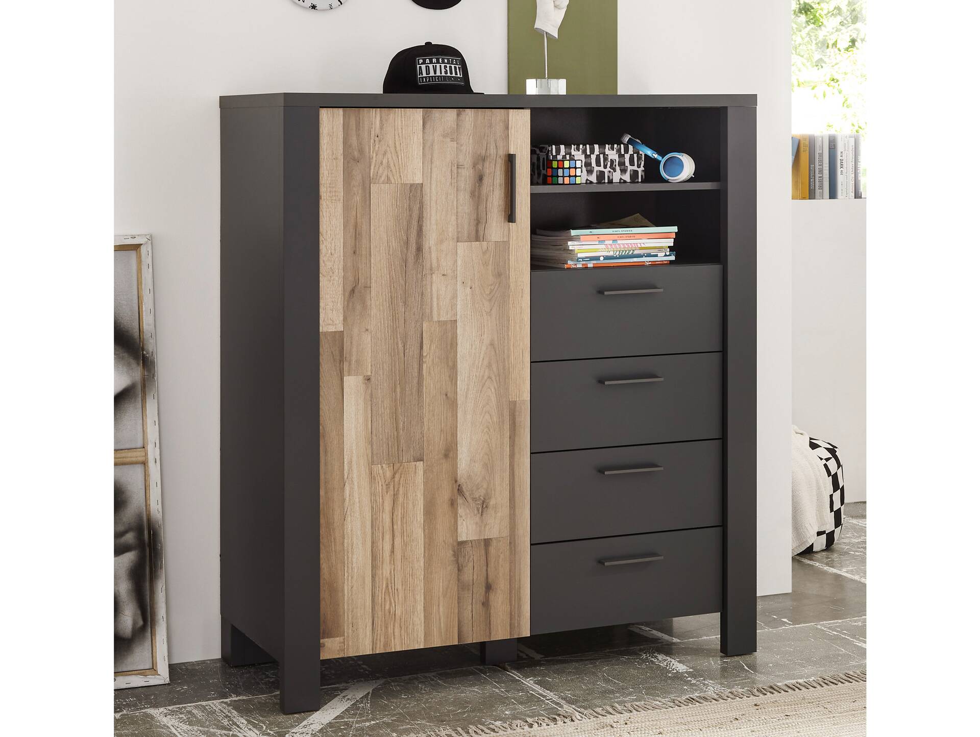 DRACO Highboard, Material Spanplatte, Eiche Nachbildung / graphitfarbig 