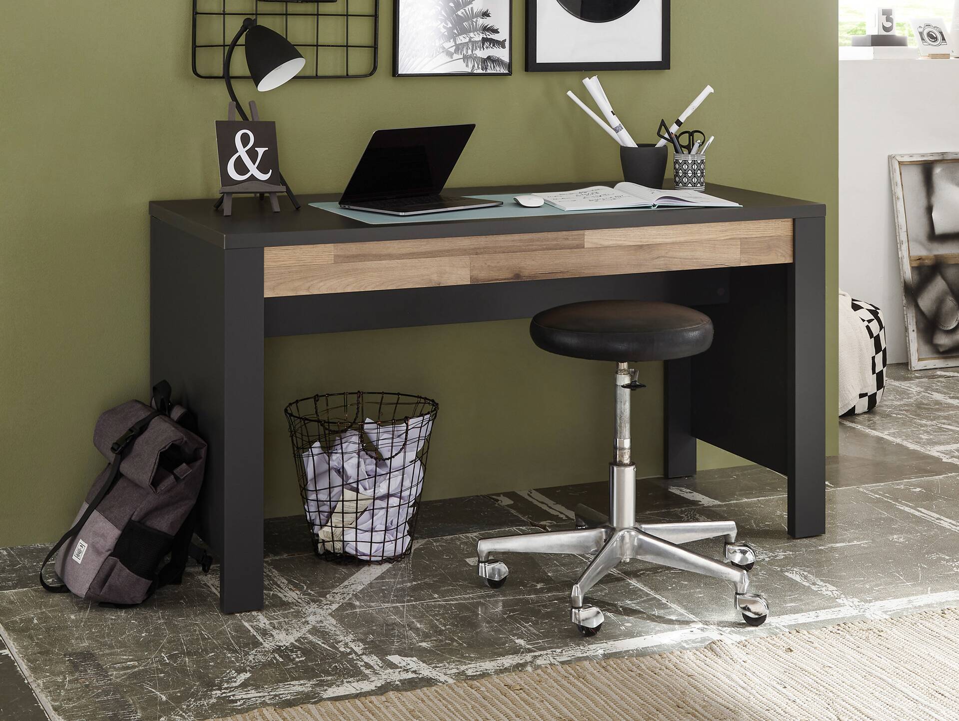 DRACO Schreibtisch, Material Spanplatte, Eiche Nachbildung / graphitfarbig 