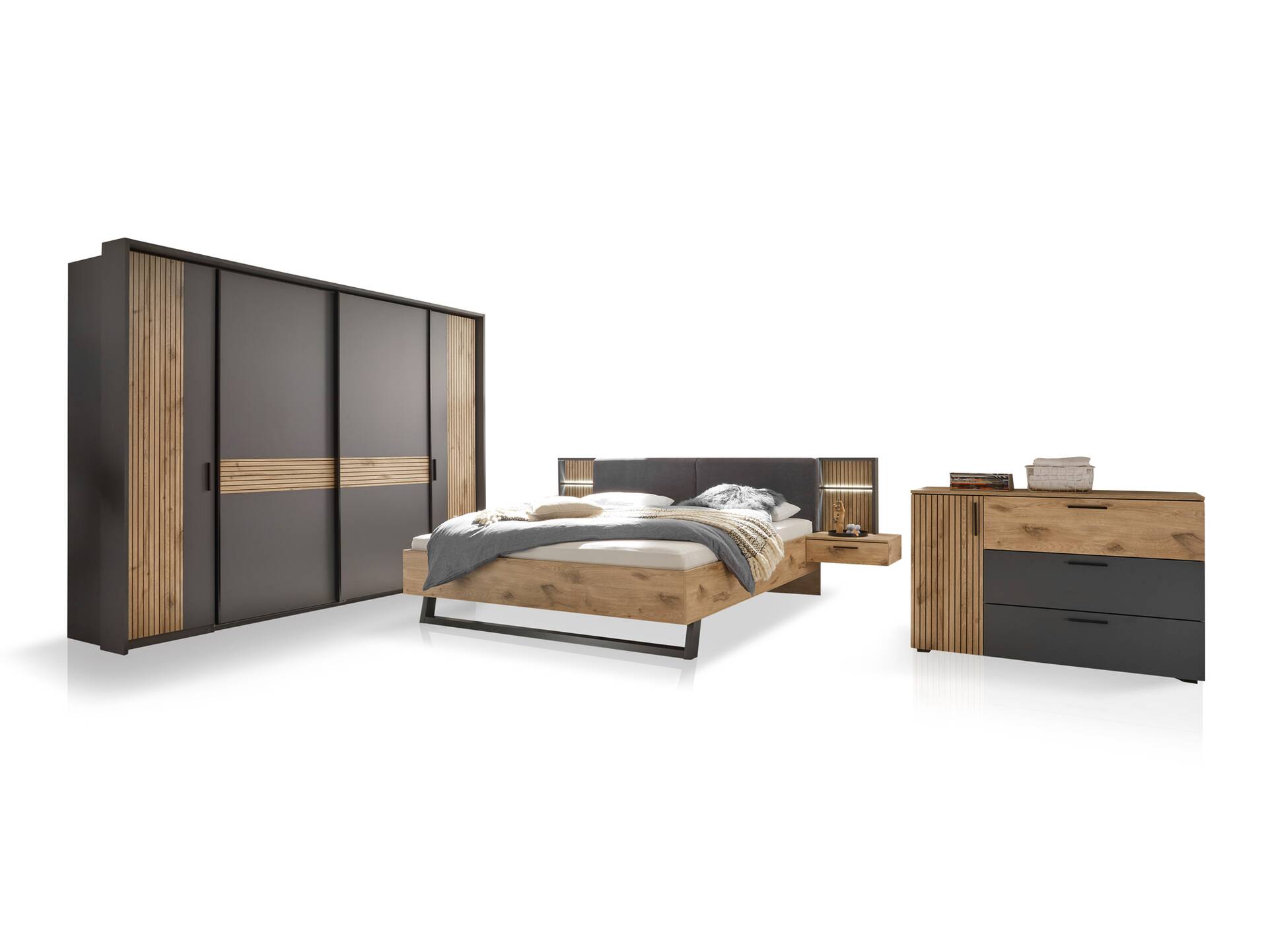 DETROIT Komplett-Schlafzimmer, Material Dekorspanplatte, graphit/Eiche hell Nachb 