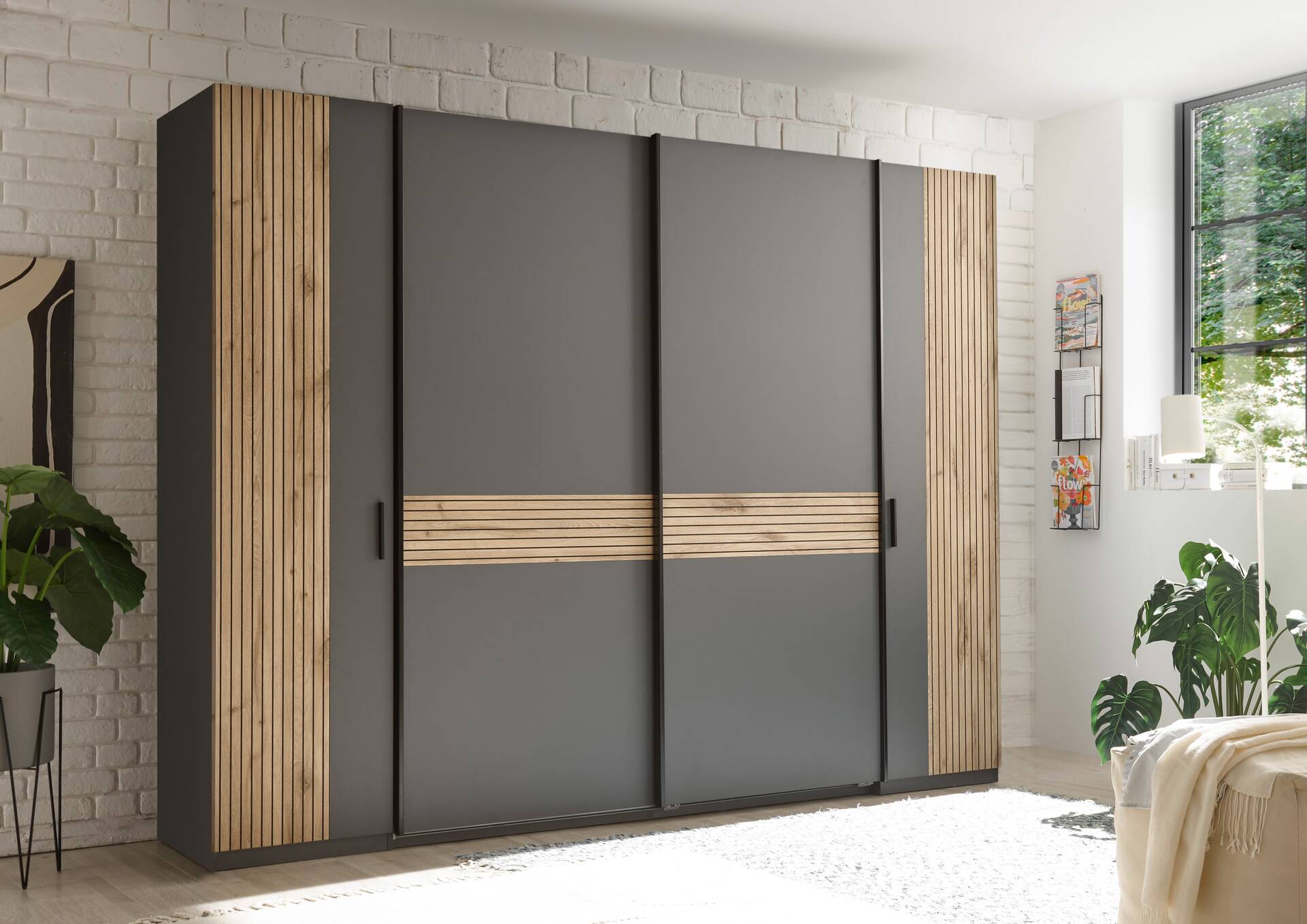 DETROIT Kleiderschrank, Material Dekorspanplatte, graphit/Eiche hell Nachbildung 