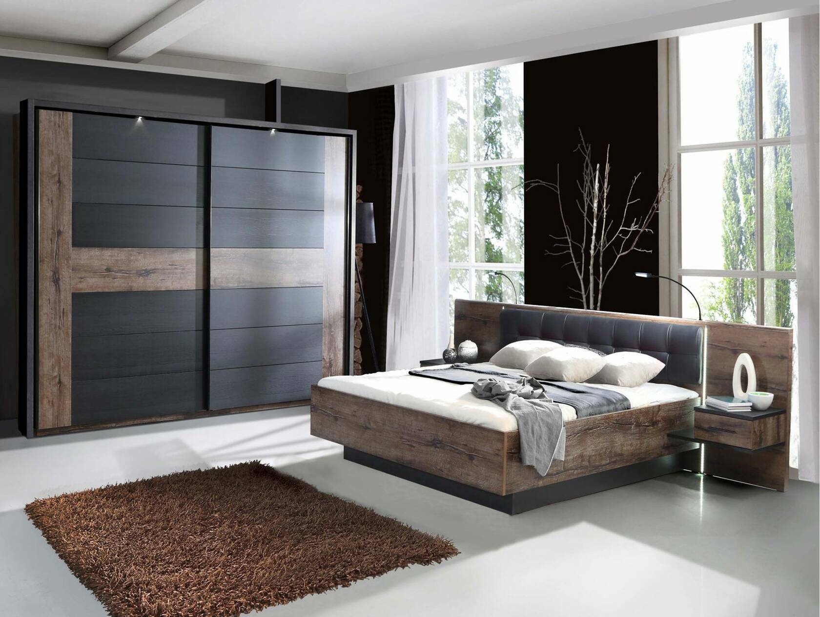 ERLIN Schlafzimmer, Material Dekorspanplatte, schwarzeichefarbig 