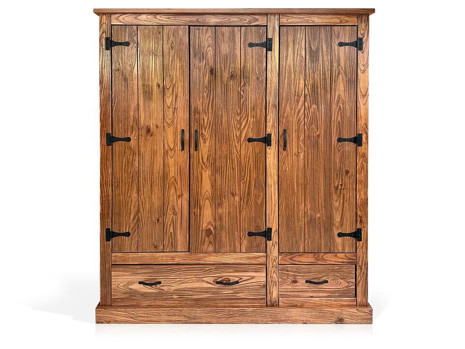 EVERGLADE Kleiderschrank, Material Massivholz, Kiefer eichefarbig 3-türig 