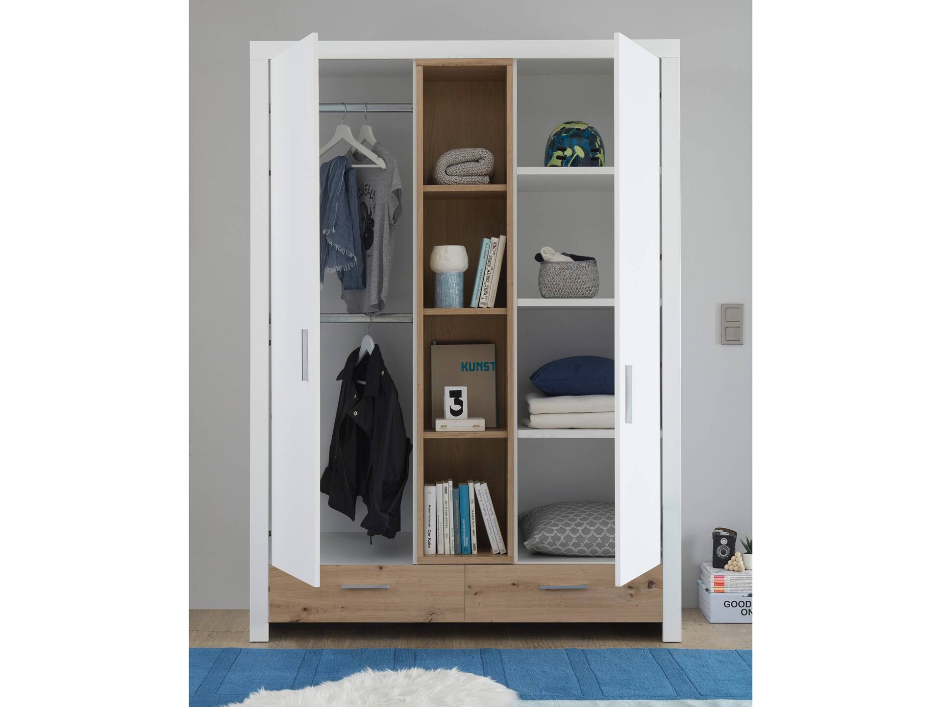 FABI Kleiderschrank 2türig, Material Spanplatte, weiß/Artisan Eichefarbig 
