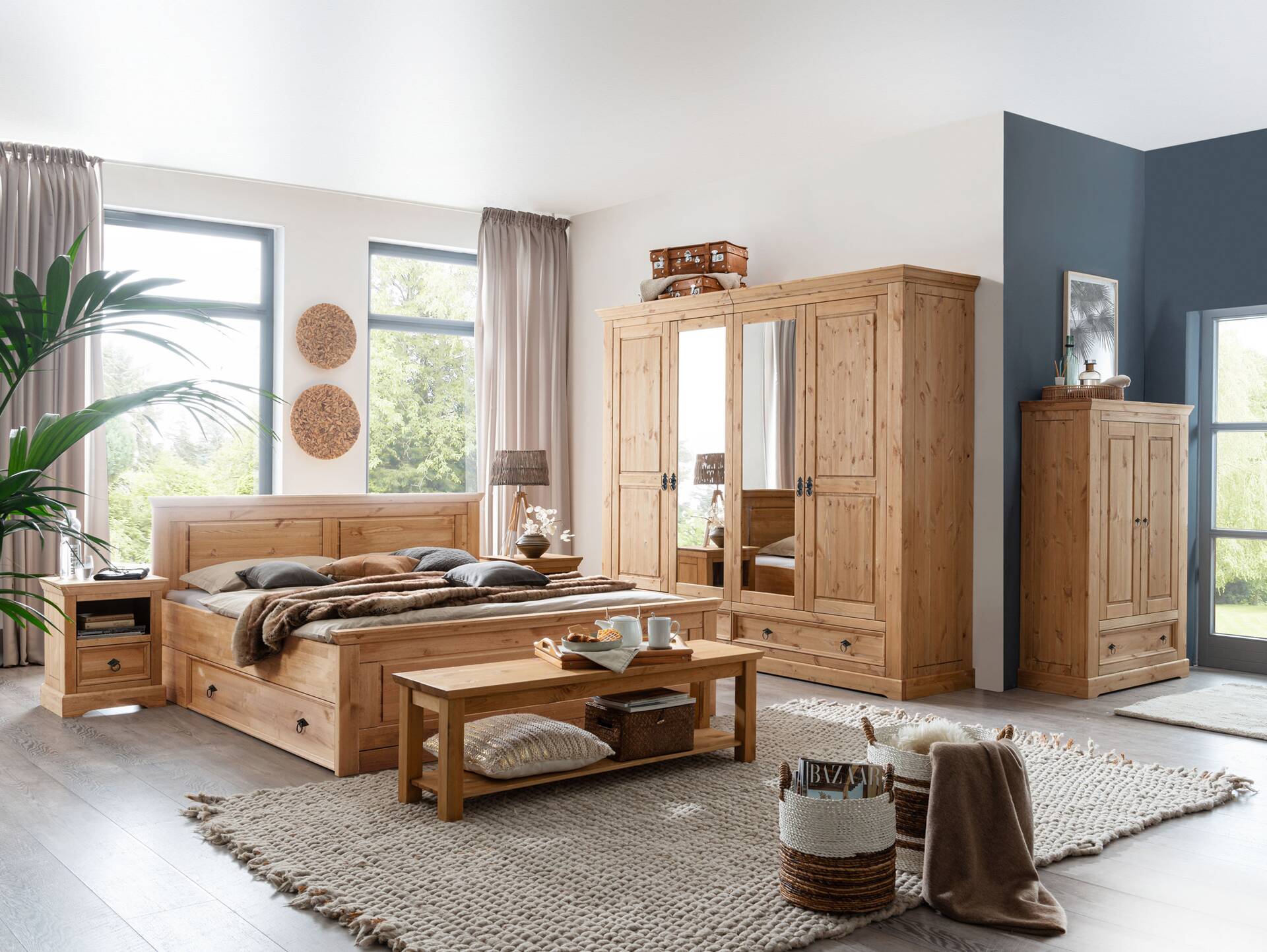 PALERMO Bettbank / Sitzbank, Material Massivholz,  Kiefer eichefarbig gebeizt 