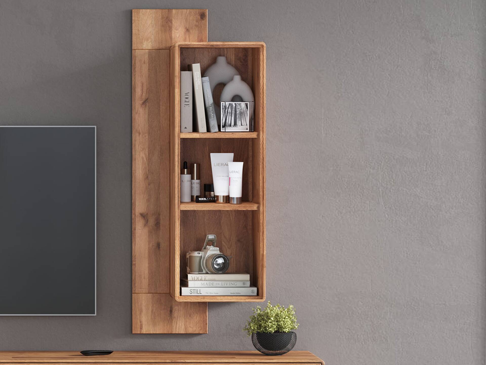 ANDINO Wandboard mit 3 Fächern, Material Massivholz, Wildeiche geölt 