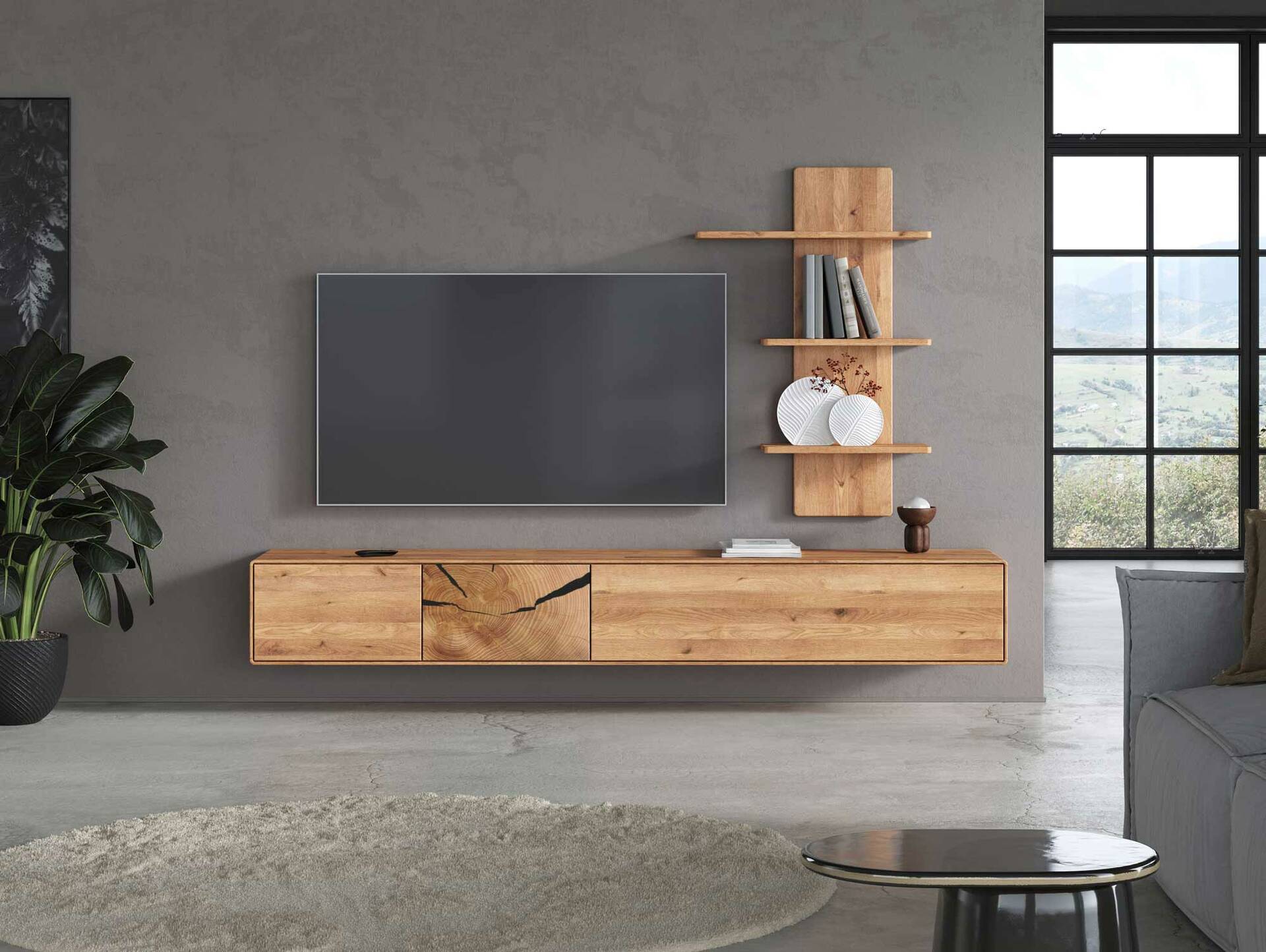 ANDINO Wandboard mit 3 Böden, Material Massivholz, Wildeiche geölt 