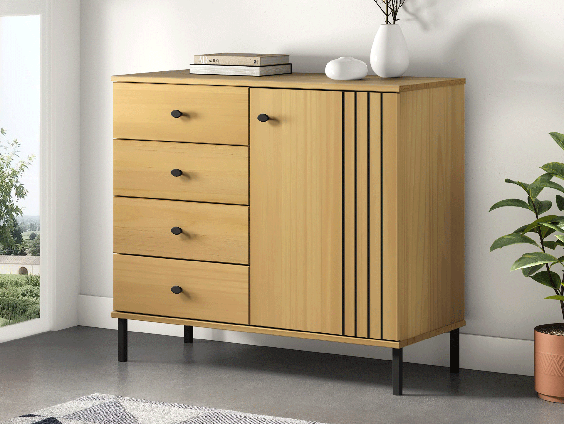 AYKO Sideboard II, Material Massivholz, Kiefer eichefarbig lackiert 