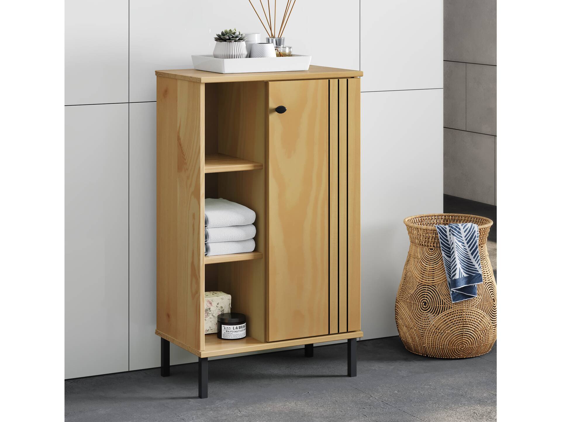 AYKO Regal II fürs Badezimmer,  Material Massivholz, Kiefer eichefarbig lackiert 