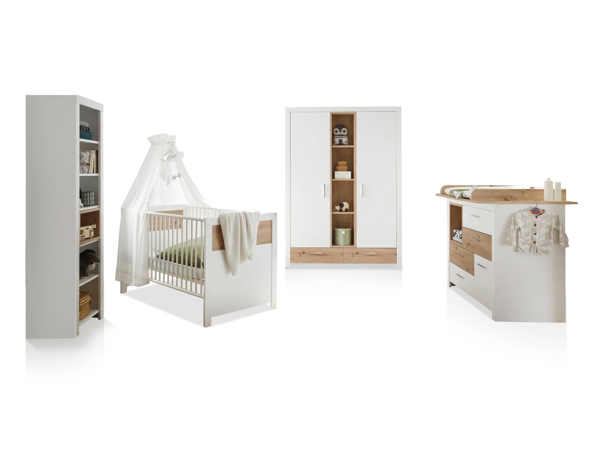 FABI Komplett-Babyzimmer, Material Spanplatte, weiß/Artisan Eichefarbig 