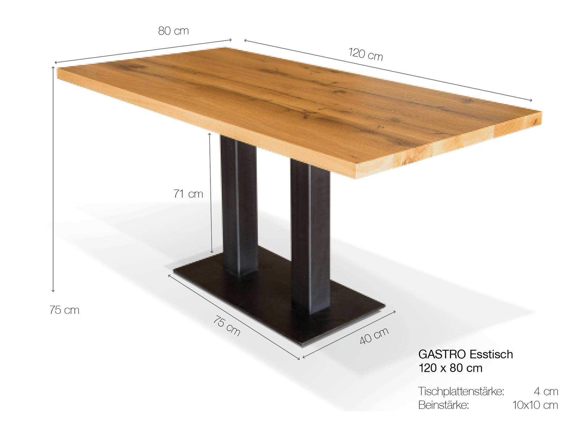 GASTRO Esstisch, Material Massivholz/Metall, Eiche lackiert 120 x 80 cm 