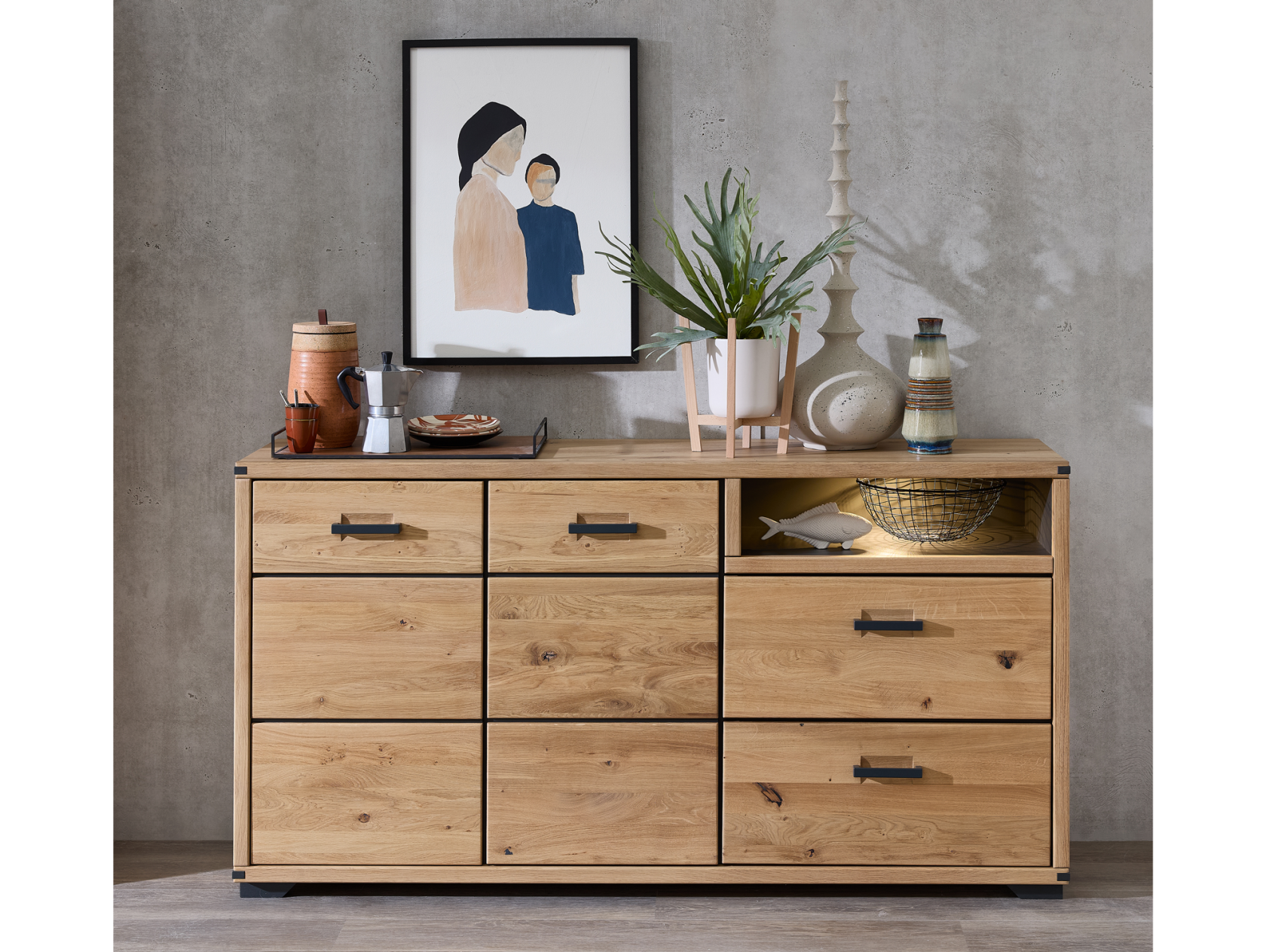 GOJA Sideboard I, Material teilmassiv, Artisan Wildeiche/graphitfarbig 