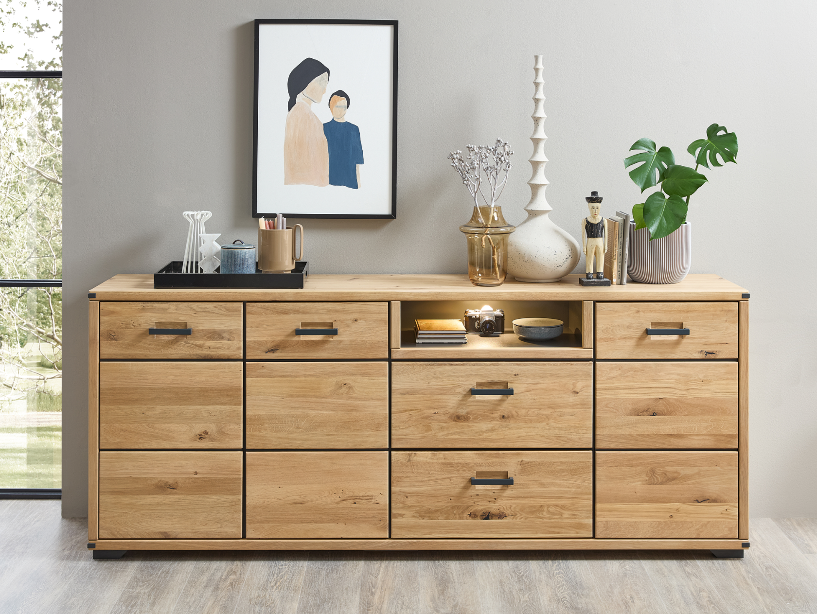 GOJA Sideboard II, teilmassiv, Artisan Eiche / graphitfarbig 
