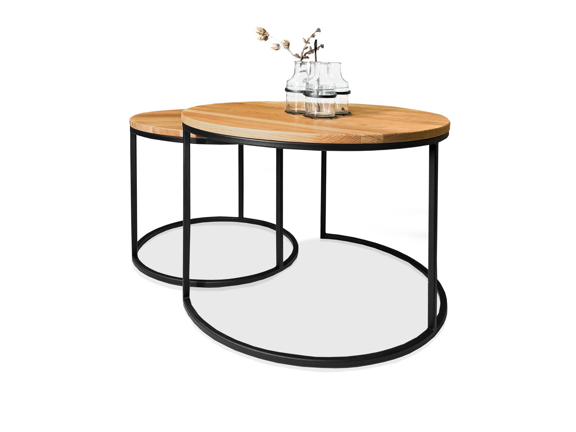 MOONAY 2-er Set Couchtische, Material Massivholz/Metall, Eiche geölt/schwarz 