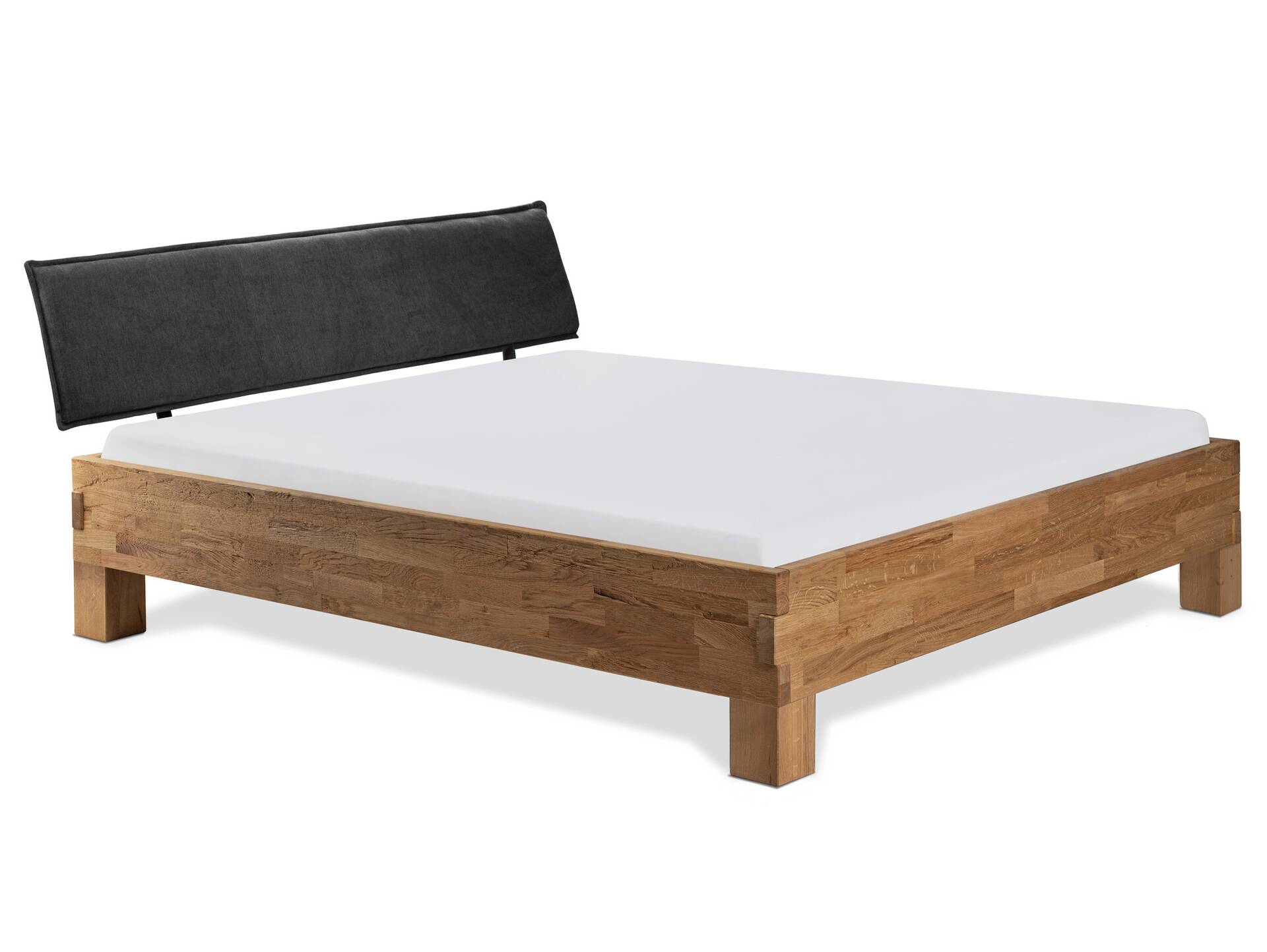 CORDINO 4-Fuß-Bett aus Eiche mit Polster-Kopfteil, Material Massivholz 200 x 220 cm | Eiche unbehandelt | Stoff Anthrazit | gehackt